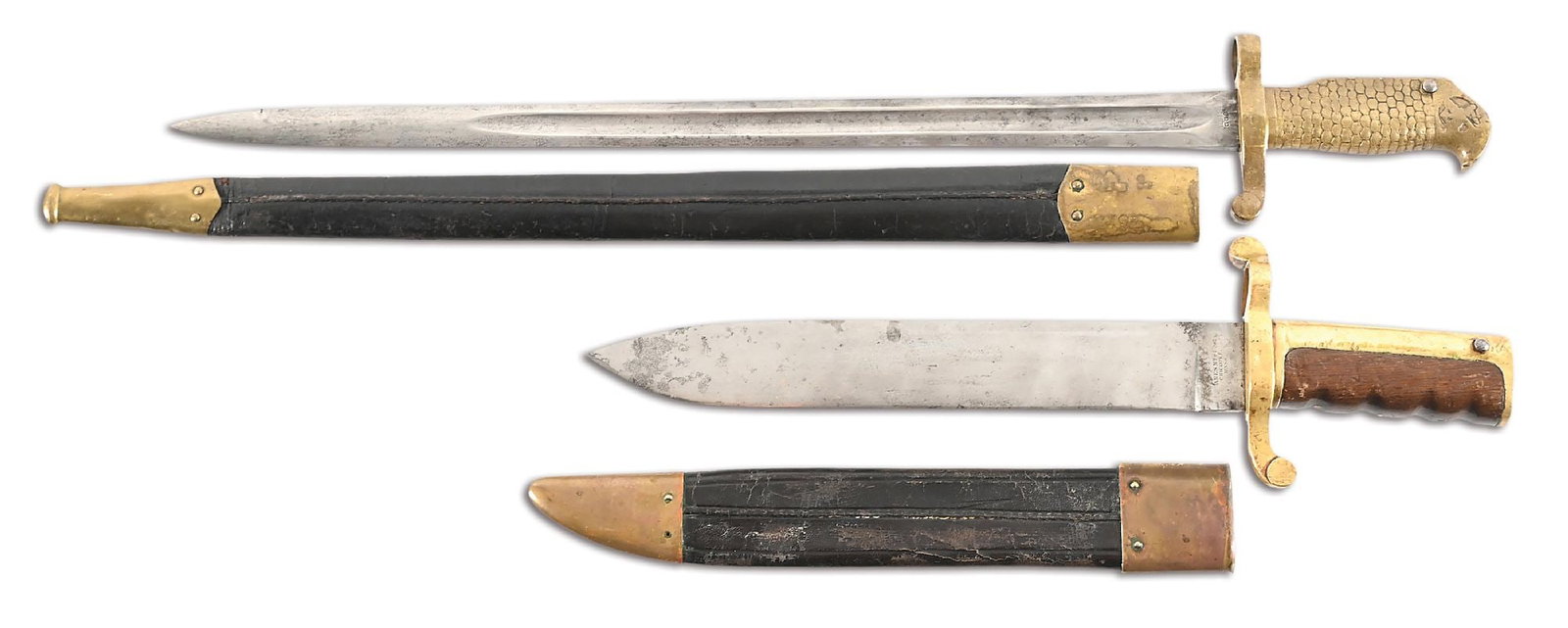 LOT OF 2: US CIVIL WAR NAVY DAHLGREN BOWIE BAYONET AND 1870 ROLLING BLOCK BAYONET. (1 of 11)