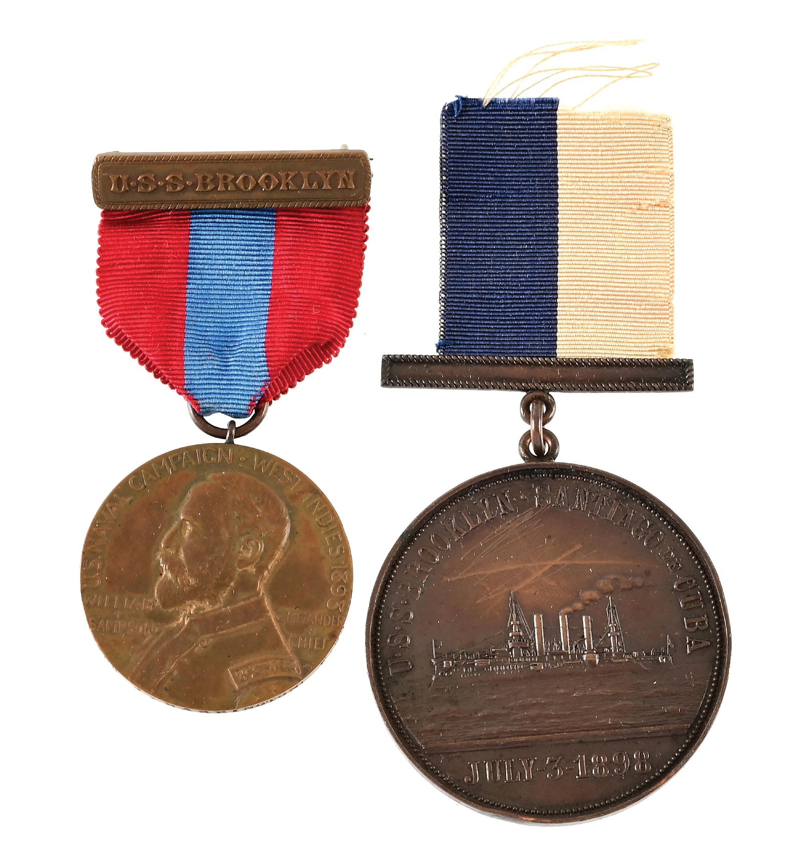 LOT OF 2: US SPANISH AMERICAN WAR USS BROOKLYN SAMPSON AND COMMEMORATIVE MEDALS. (1 of 3)