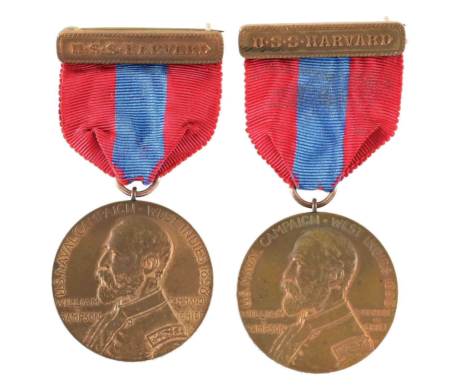 LOT OF 2: US SPANISH AMERICAN WAR USS HARVARD SAMPSON MEDALS.: The act of March 3rd, 1901, authorized the striking of bronze medals commemorating the naval engagements in the waters of the West Indies and on the shores of Cuba during the War with Spain. These med