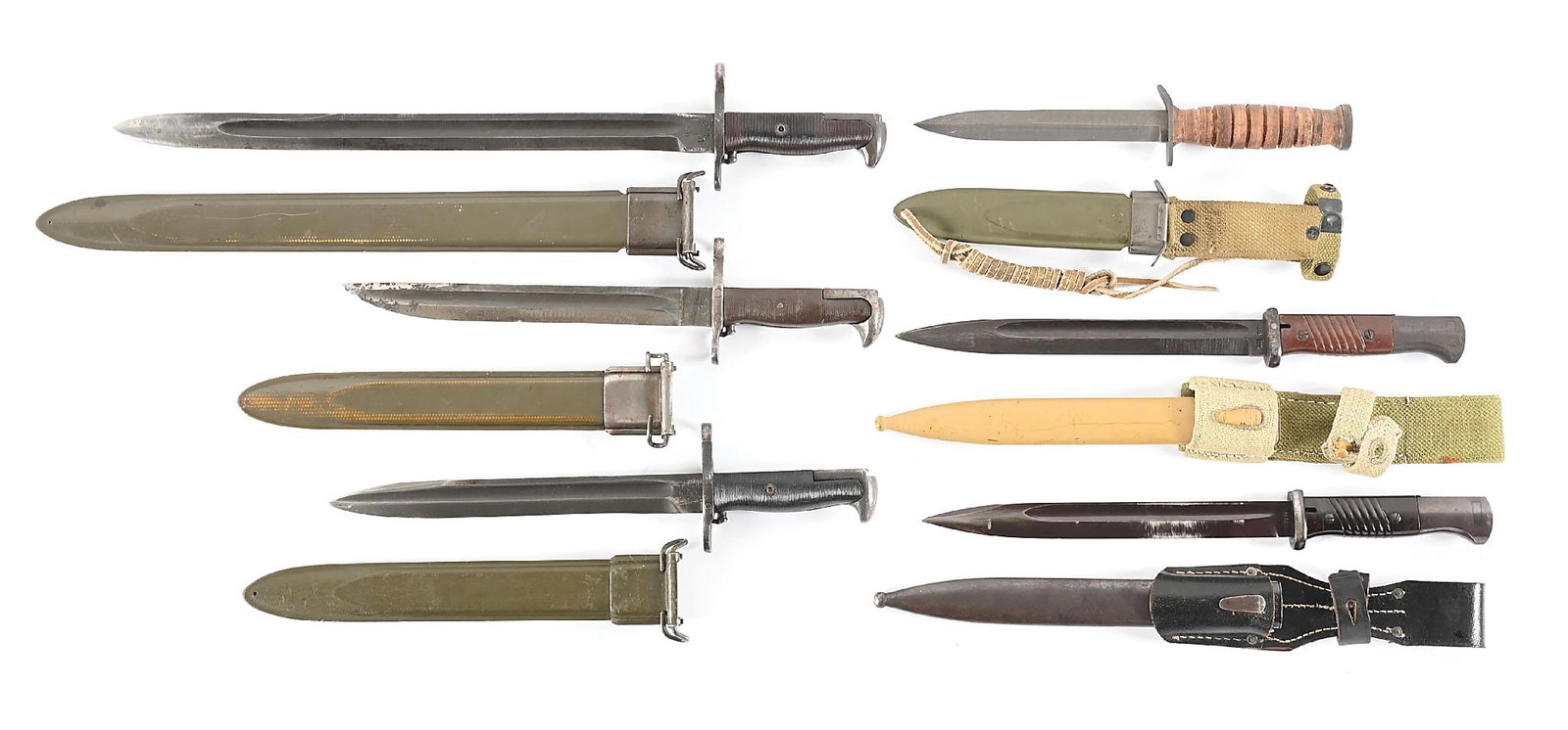 LOT OF 6: US AND GERMAN WWII M1 GARAND & K98 BAYONETS AND M3 FIGHTING KNIFE. (1 of 6)