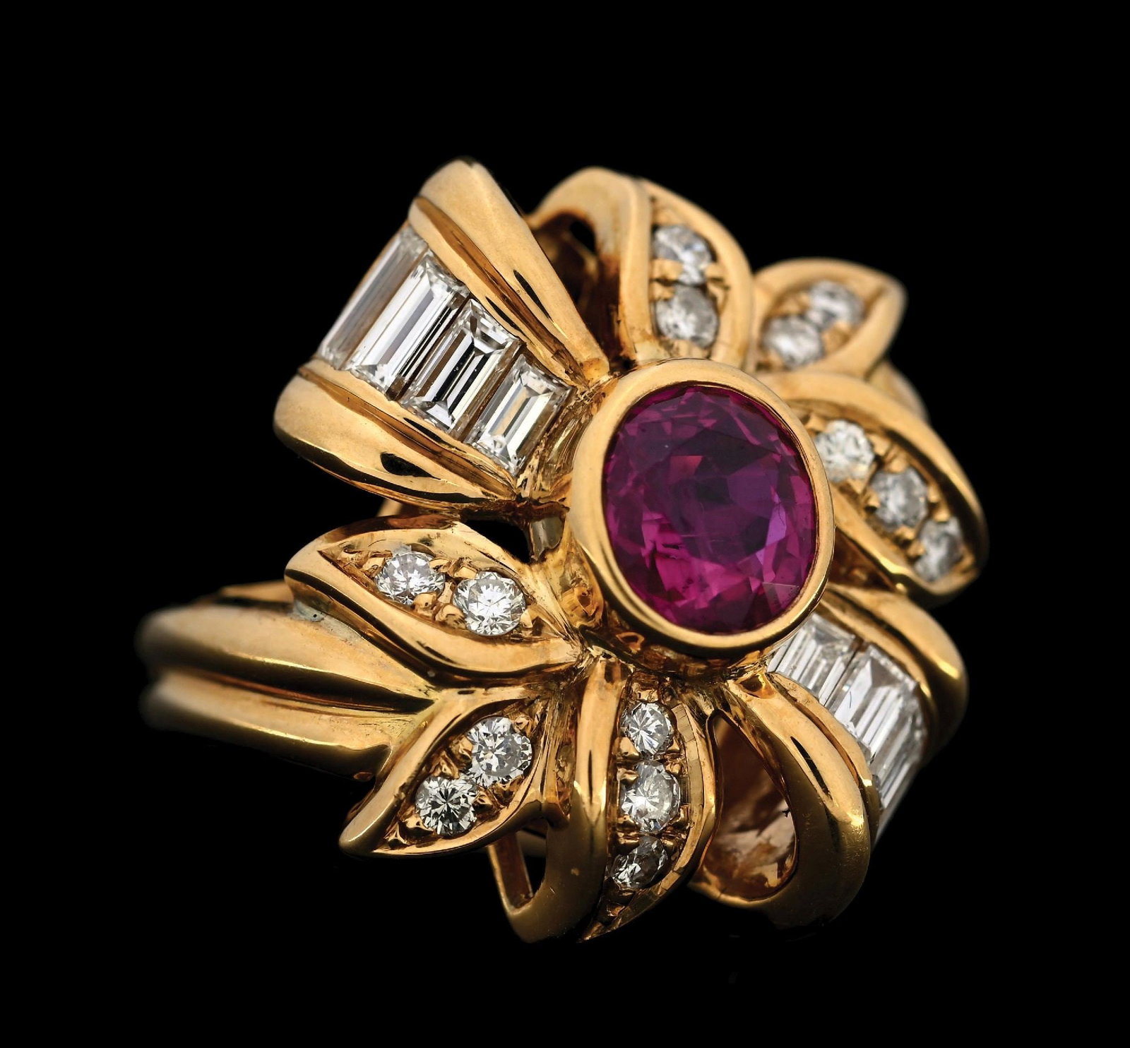 18K YELLOW GOLD RUBY & DIAMOND RING W/REPORT: 18k yellow gold ruby (1.26ct) and diamond (0.92ctw) ring accompanied by an original GGA appraisal report with an ERRV of $27,940.00. (See additional website images for report specifications). Ring siz