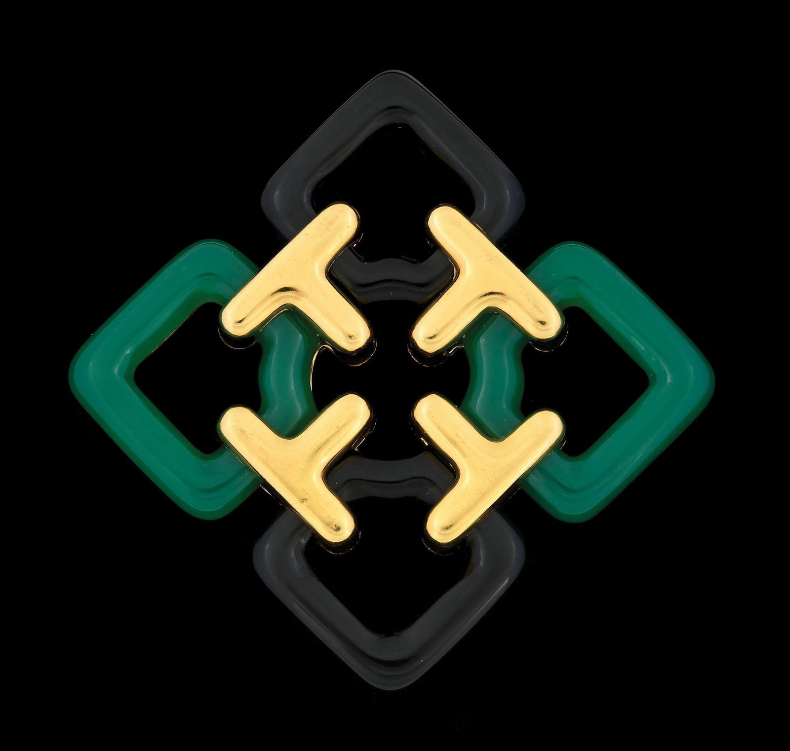SIGNED ALDO CIPULLO 18K GOLD GREEN & BLACK ONYX PENDANT/BROOCH: Vintage 18k yellow gold pendant/brooch set with green onyx and black onyx, by famed Italian designer Aldo Cipullo, formerly of Cartier. There is a cleverly hidden bail at the top corner that swings ou