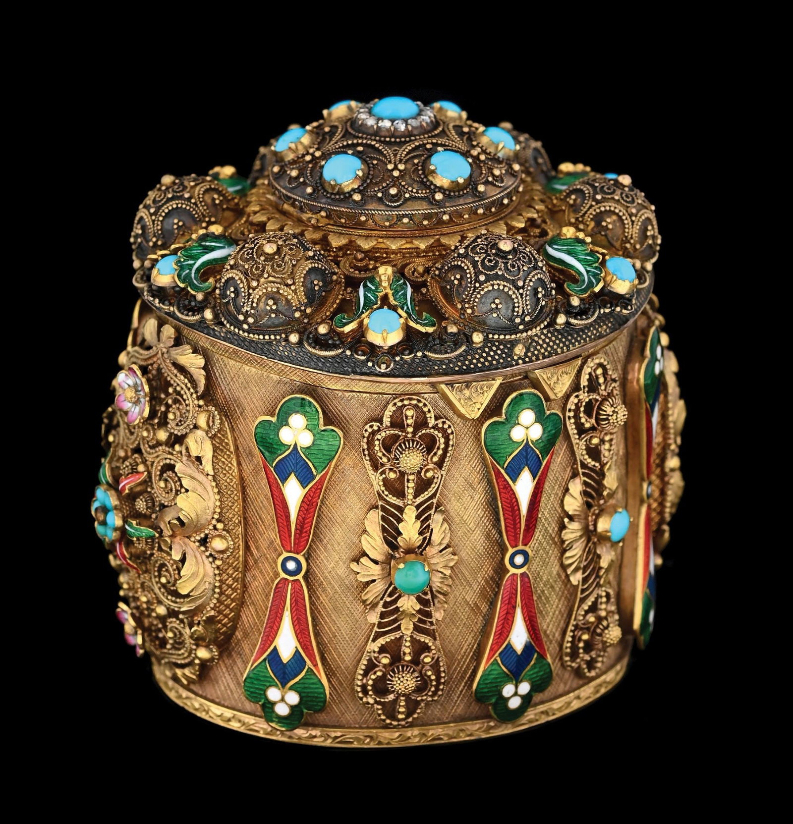 MUSICAL GOLD & EMERALD MUSIC BOX: This is a wonderful 18K gold and enameled music box from the mid 19th century. Very intricate and detailed workmanship on the gold box. Lined with enameled and turquoise. Plays simple musical tune. Wi