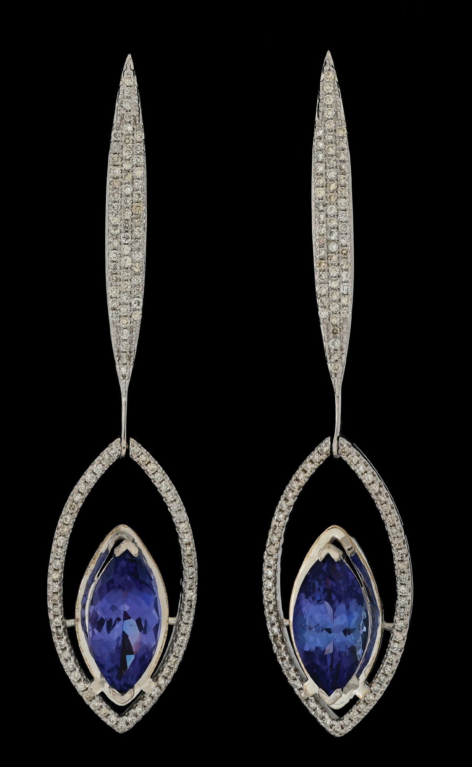 14K WHITE GOLD TANZANITE & DIAMOND EARRINGS W/REPORT: 14k white gold tanzanite (7.95ctw) and diamond (1.60ctw) drop earrings accompanied by an original GGA appraisal report with an ERRV of $37,140.00. (See additional website images for report specificati