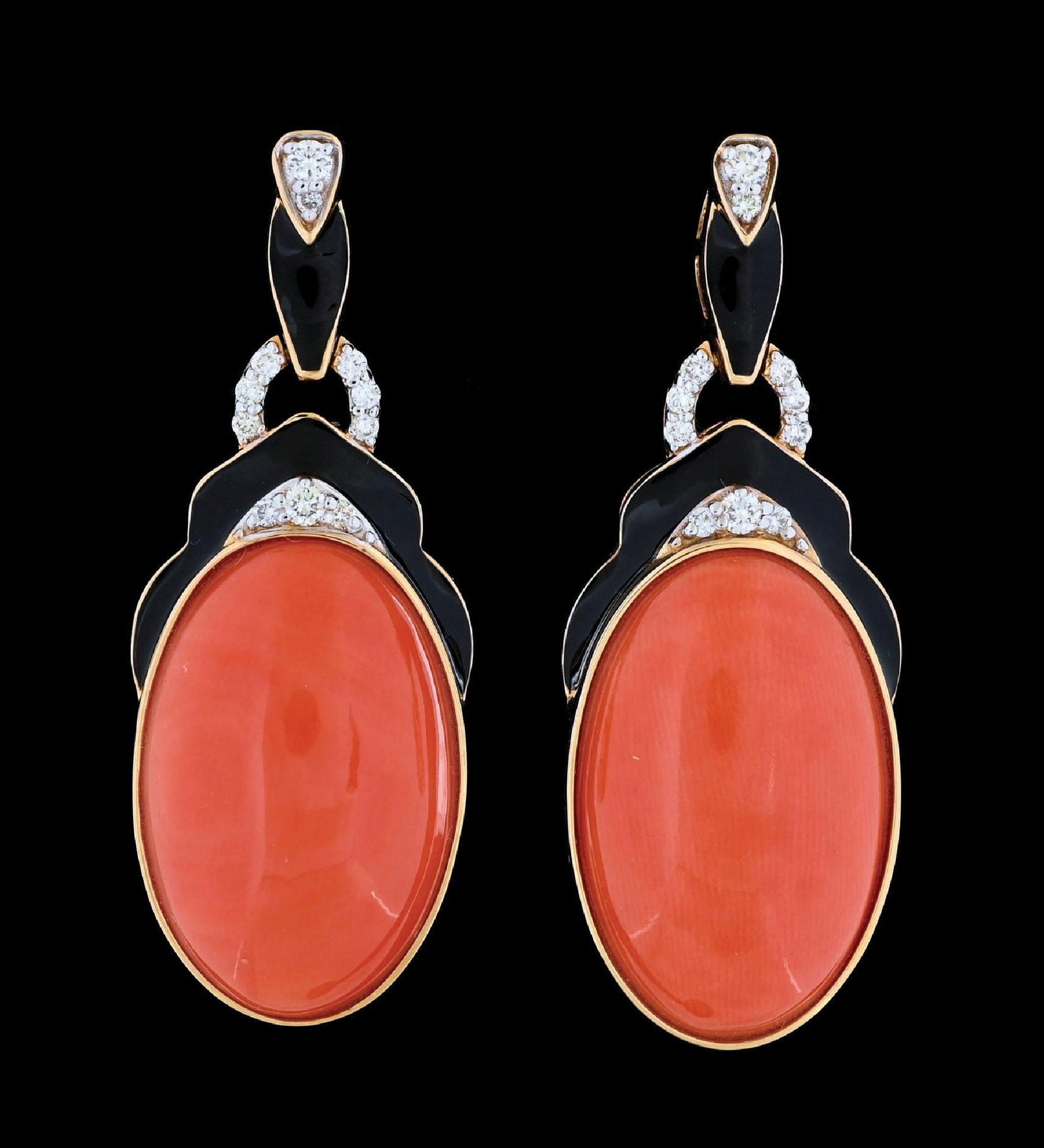 14K YELLOW GOLD CORAL & DIAMOND EARRINGS W/REPORT: 14k yellow gold coral (22.92ctw) and diamond (0.23ctw) enameled drop earrings accompanied by an original AIGL appraisal report with an ERRV of $18,768.00. (See additional website images for report spe