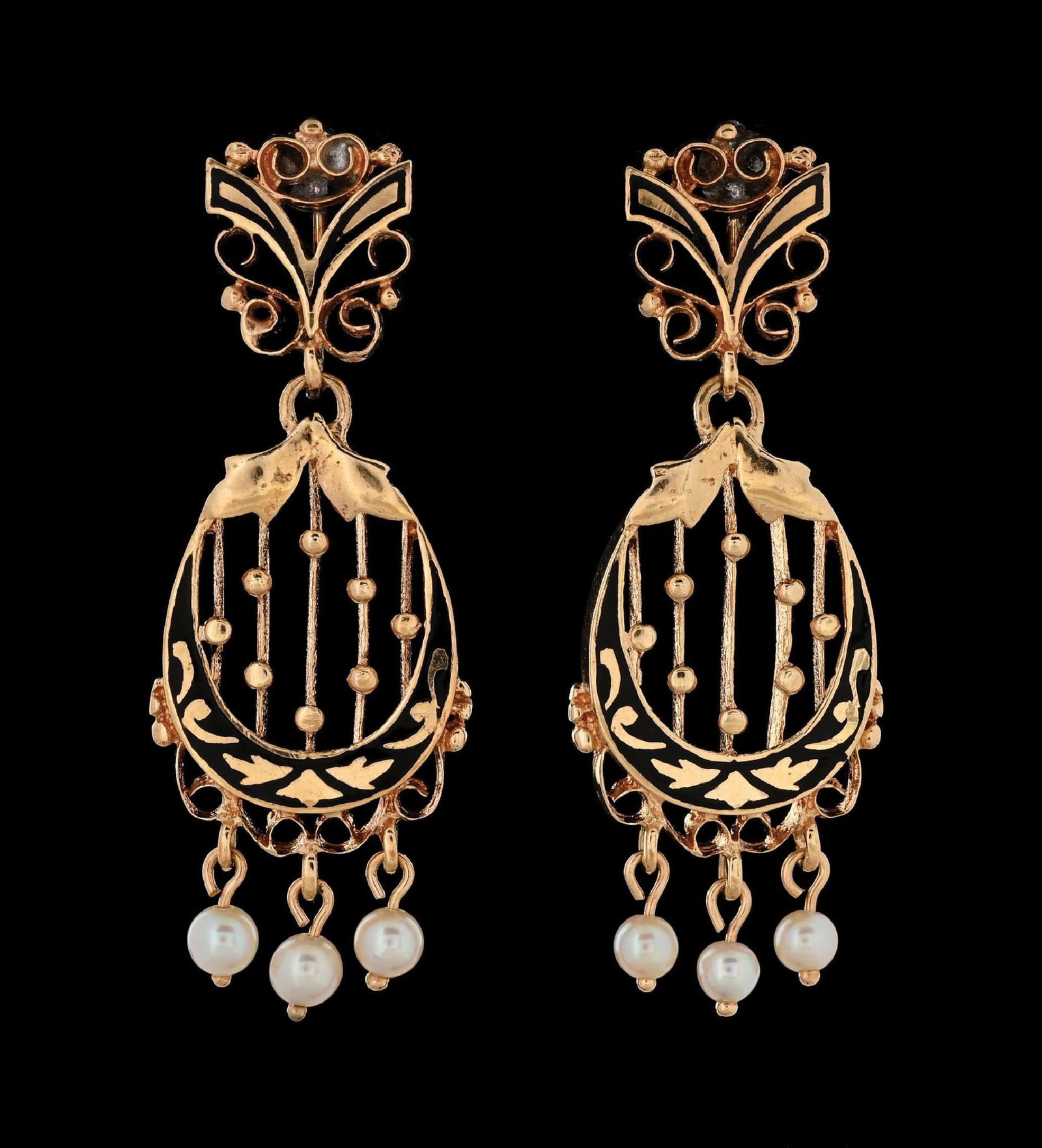 14K YELLOW GOLD ANTIQUE ENAMELED DROP EARRINGS W/SEED PEARLS: 14k yellow gold antique enameled filagree drop earrings with seed pearl dangles. Converted from non-pierced to pierced at some point. Length measures 1-3/4". Width measures 15mm. Gross weight is 6.4 g