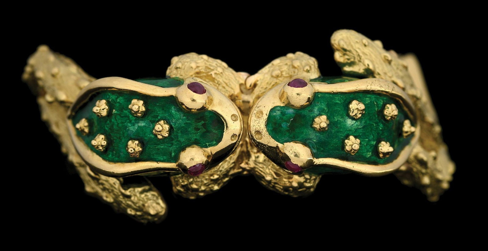 18K YELLOW GOLD BORIS LEBEAU ENAMELED FROG BRACELET W/RUBY EYES: 18k yellow gold Boris LeBeau designer enameled frog cuff bracelet with cabochon ruby eyes. Inside diameter measures 2-1/2". Width at top measures 27mm. Gross weight is 83.9 grams. Marked "Boris LeBeau