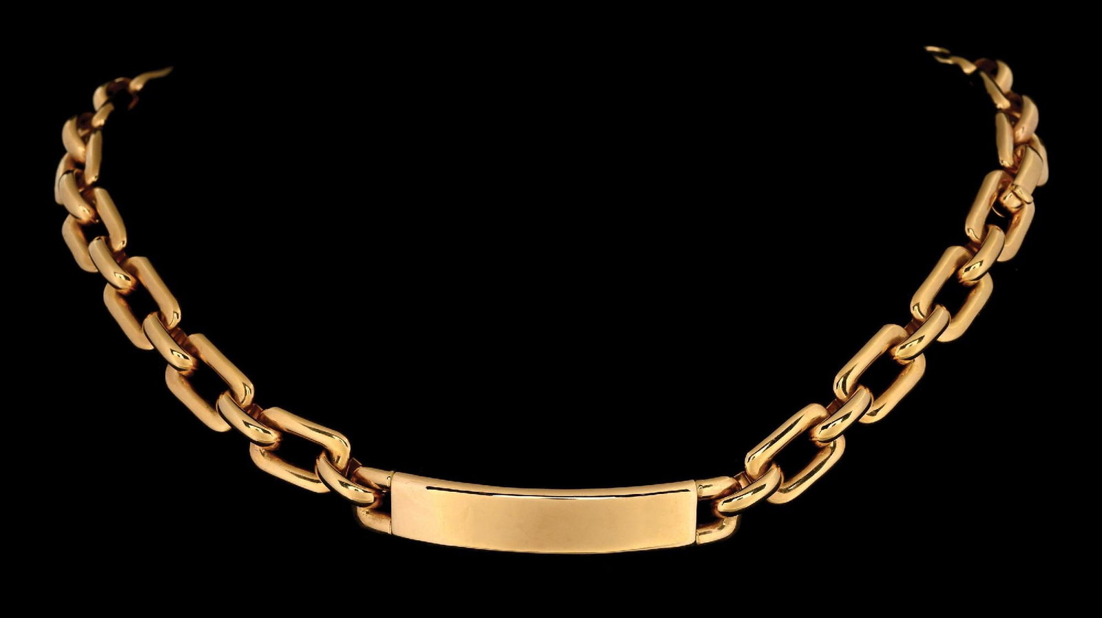 18K YELLOW GOLD RALPH LAUREN ID LINK CHAIN NECKLACE: 18k yellow gold Ralph Lauren designer chunky ID link chain necklace. Length measures 16". Width measures 9.5mm. Gross weight is 79.7 grams. Marked "Ralph Lauren" & "Au750" with unique serial number an