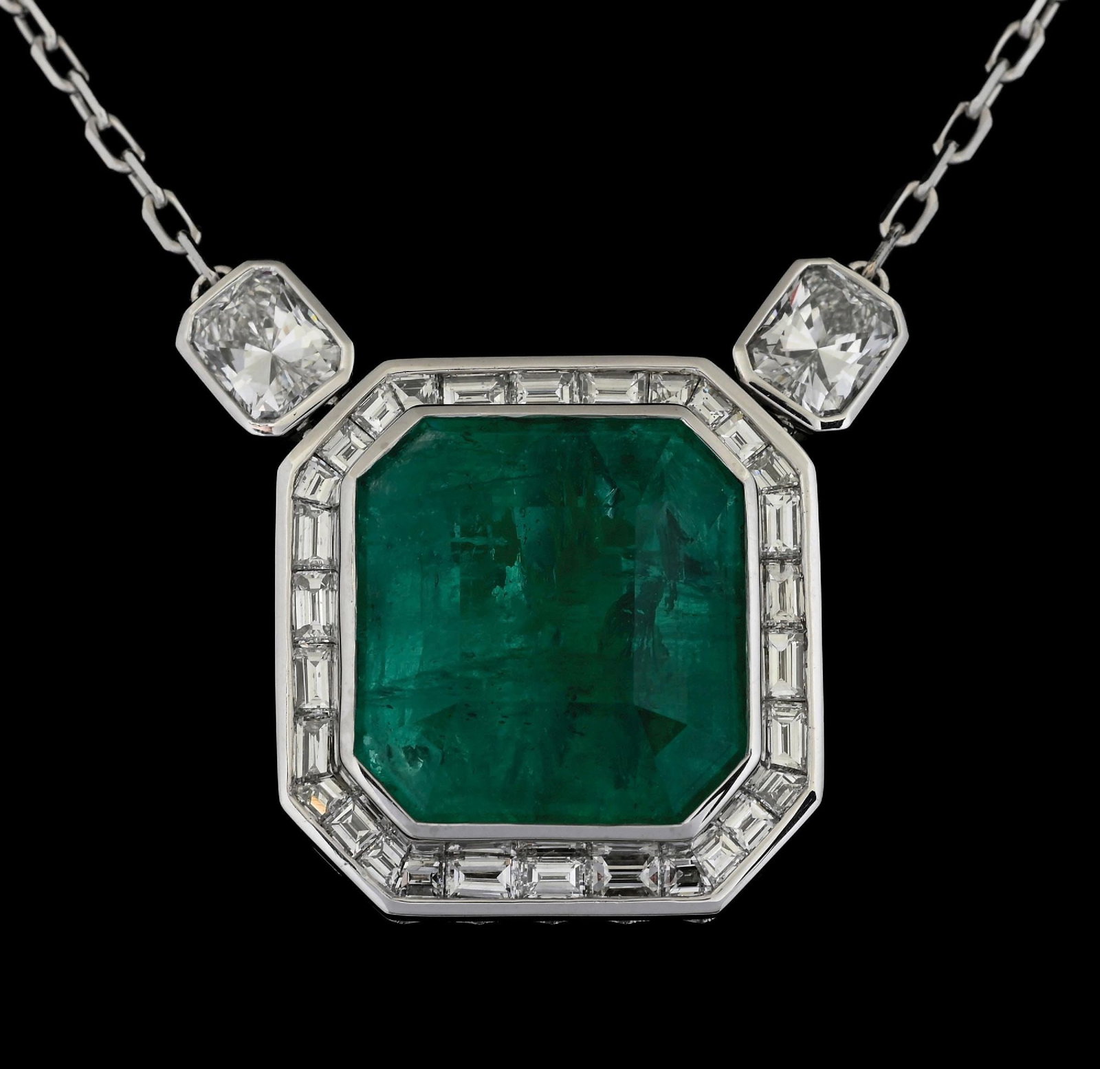 PLATINUM EMERALD & DIAMOND NECKLACE W/GIA REPORTS: Platinum emerald (23.45ct) and diamond (4.00ctw) necklace accompanied by two (2) original GIA diamond grading reports, an original GIA emerald origin report and a GGA appraisal report with an ERRV of 