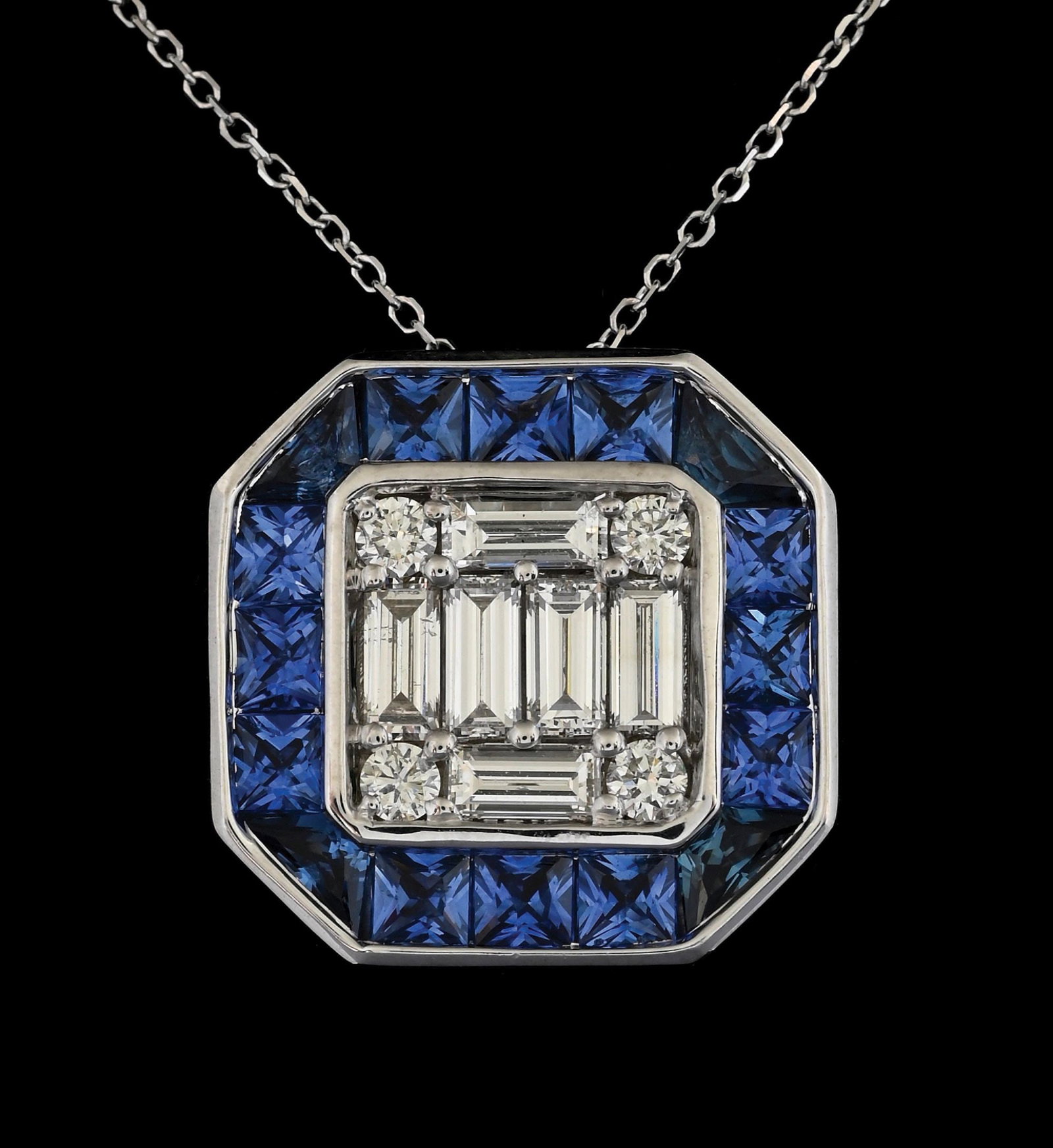 14K WHITE GOLD SAPPHIRE & DIAMOND NECKLACE W/REPORT: 14k white gold sapphire (2.52ctw) and diamond (1.15ctw) pendant and chain accompanied by an original AIGL appraisal report with an ERRV of $24,580.00. (See additional website images for report specifi