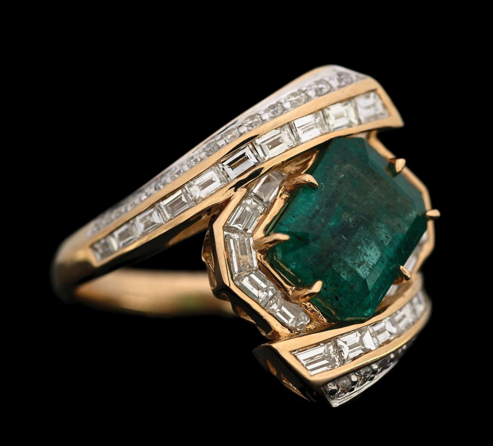 14K YELLOW GOLD EMERALD & DIAMOND RING W/REPORT: 14k yellow gold emerald (3.93ct) and diamond (1.60ctw) ring accompanied by an original GGA appraisal report with an ERRV of $31,260.00. (See additional website images for report specifications). Ring 