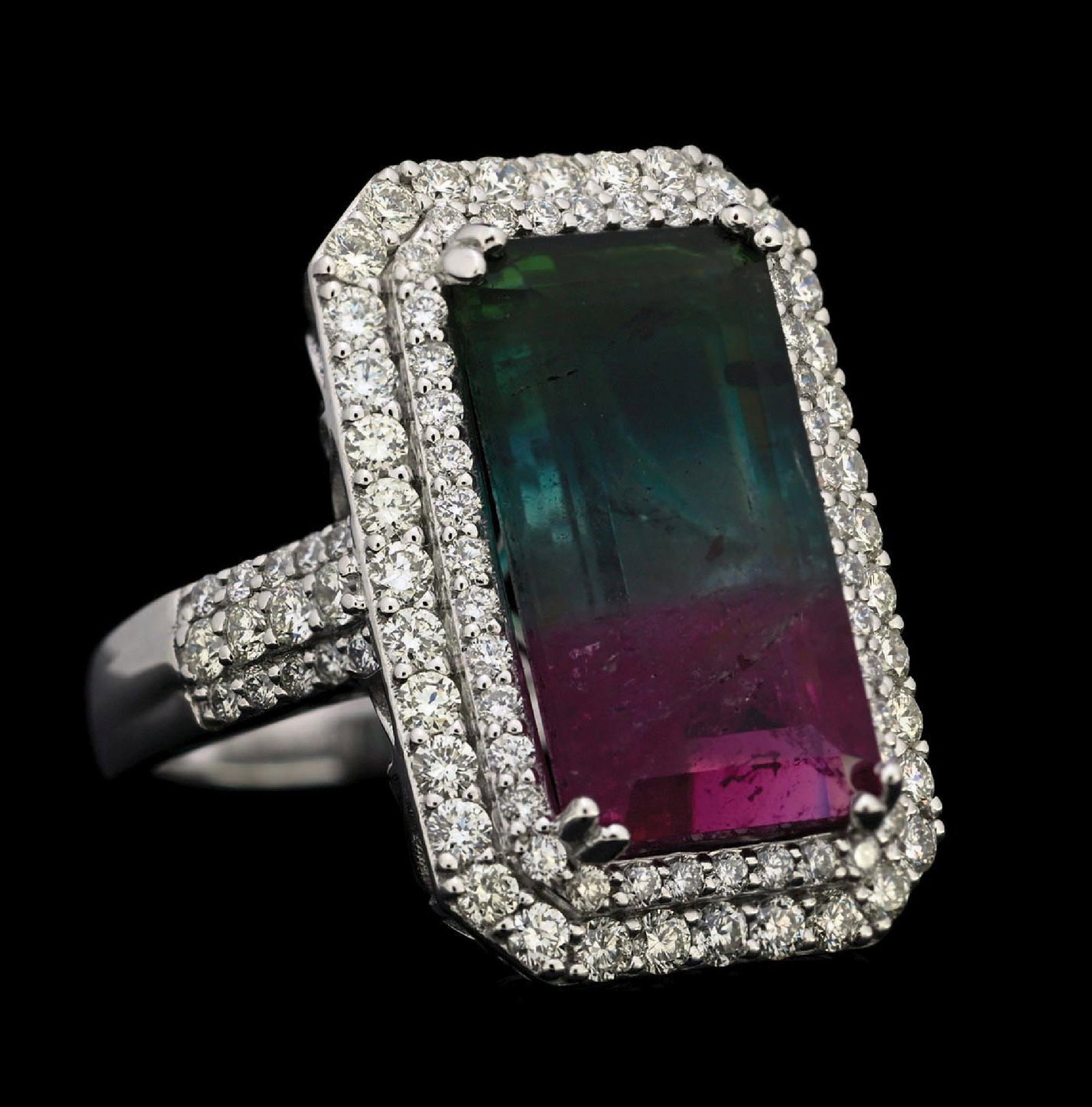 PLATINUM WATERMELON TOURMALINE & DIAMOND RING W/REPORT: Platinum watermelon tourmaline (10.83ct) and diamond (1.51ctw) ring accompanied by an original GGA appraisal report with an ERRV of $22,680.00. (See additional website images for report specifications