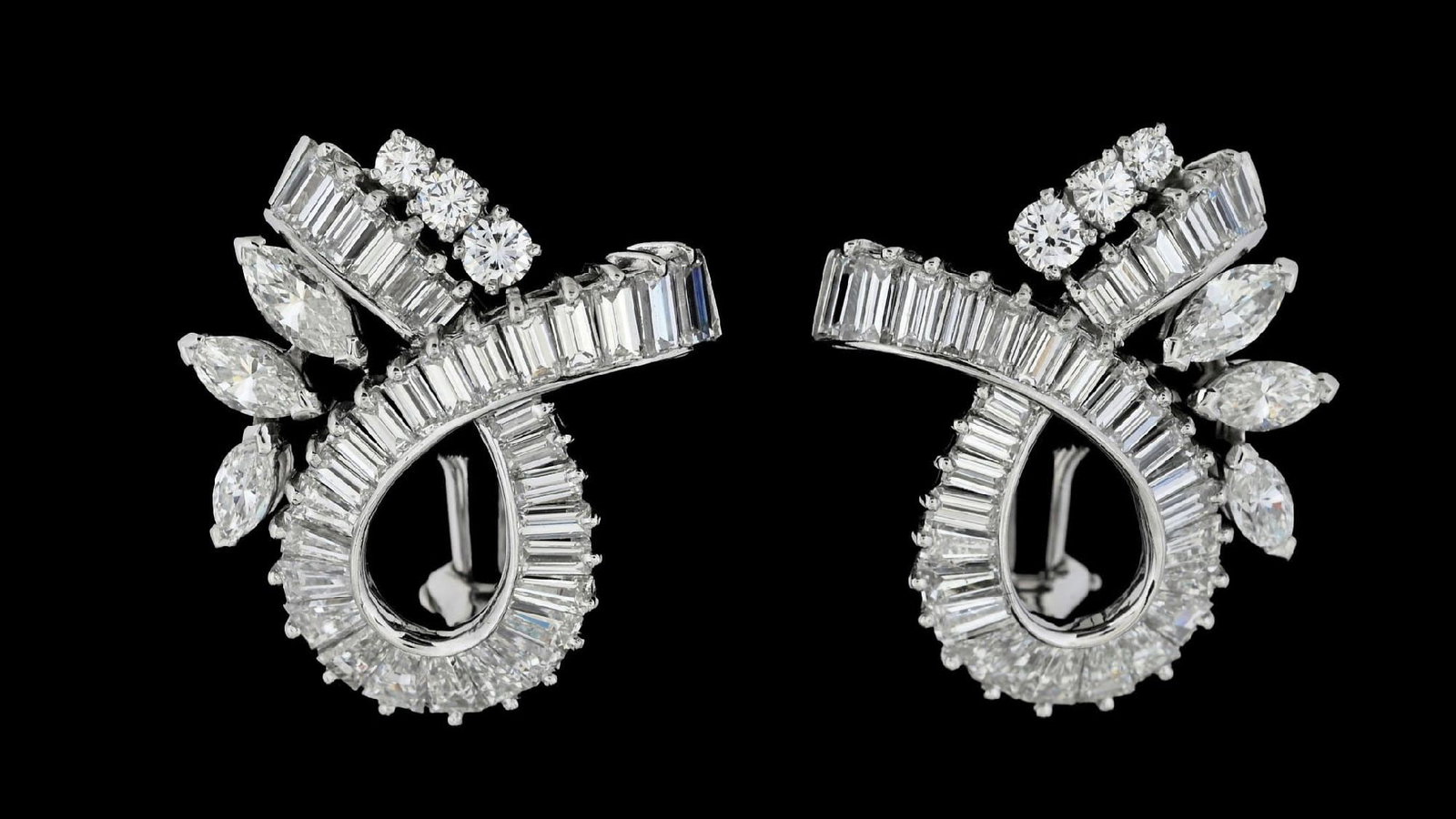 PLATINUM & DIAMOND EARRINGS, 6.15CT TW: Platinum and diamond earrings consisting of 78 mixed baguette cut, marquise cut and round brilliant cut near-colorless natural diamonds with a total weight of 6.15cts. Length measures 1". Width