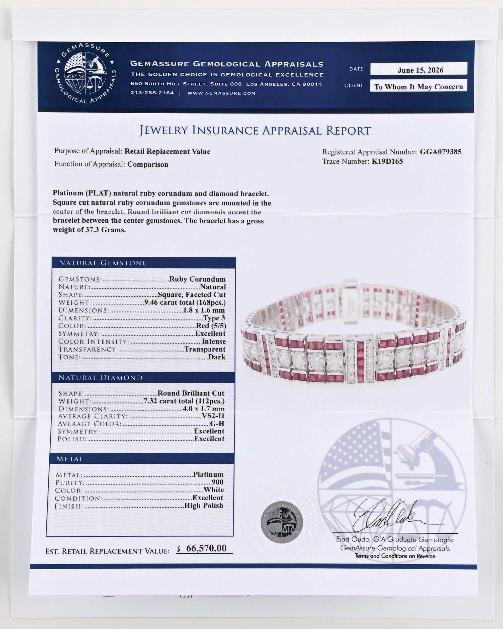PLATINUM RUBY & DIAMOND BRACELET W/REPORT - 8