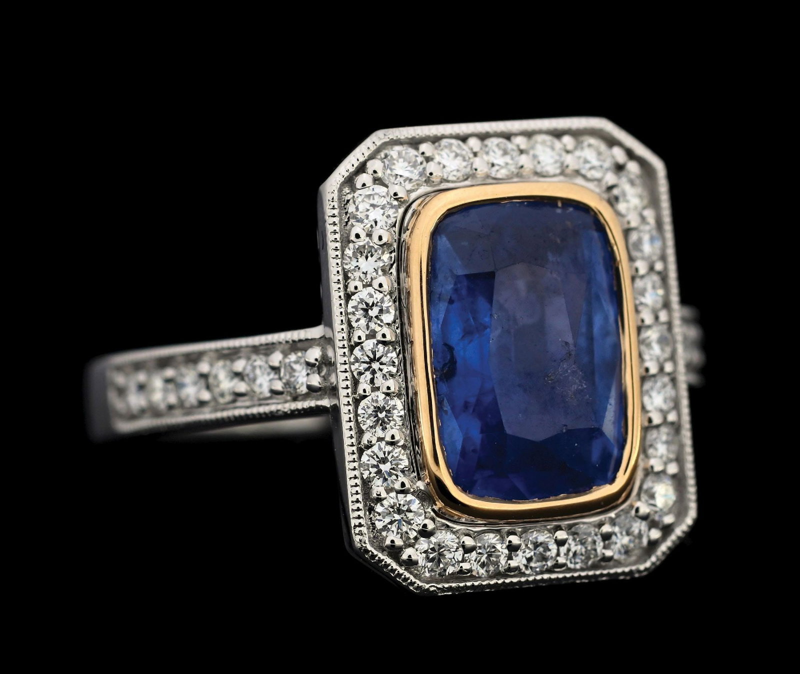 PLATINUM & 18K GOLD SAPPHIRE & DIAMOND RING W/GIA REPORT: Platinum and 18k yellow gold sapphire (2.41ct) and diamond (0.47ctw) ring accompanied by an original GIA sapphire report. (See additional website images for report specifications). Ring size 6-3/4. Wi