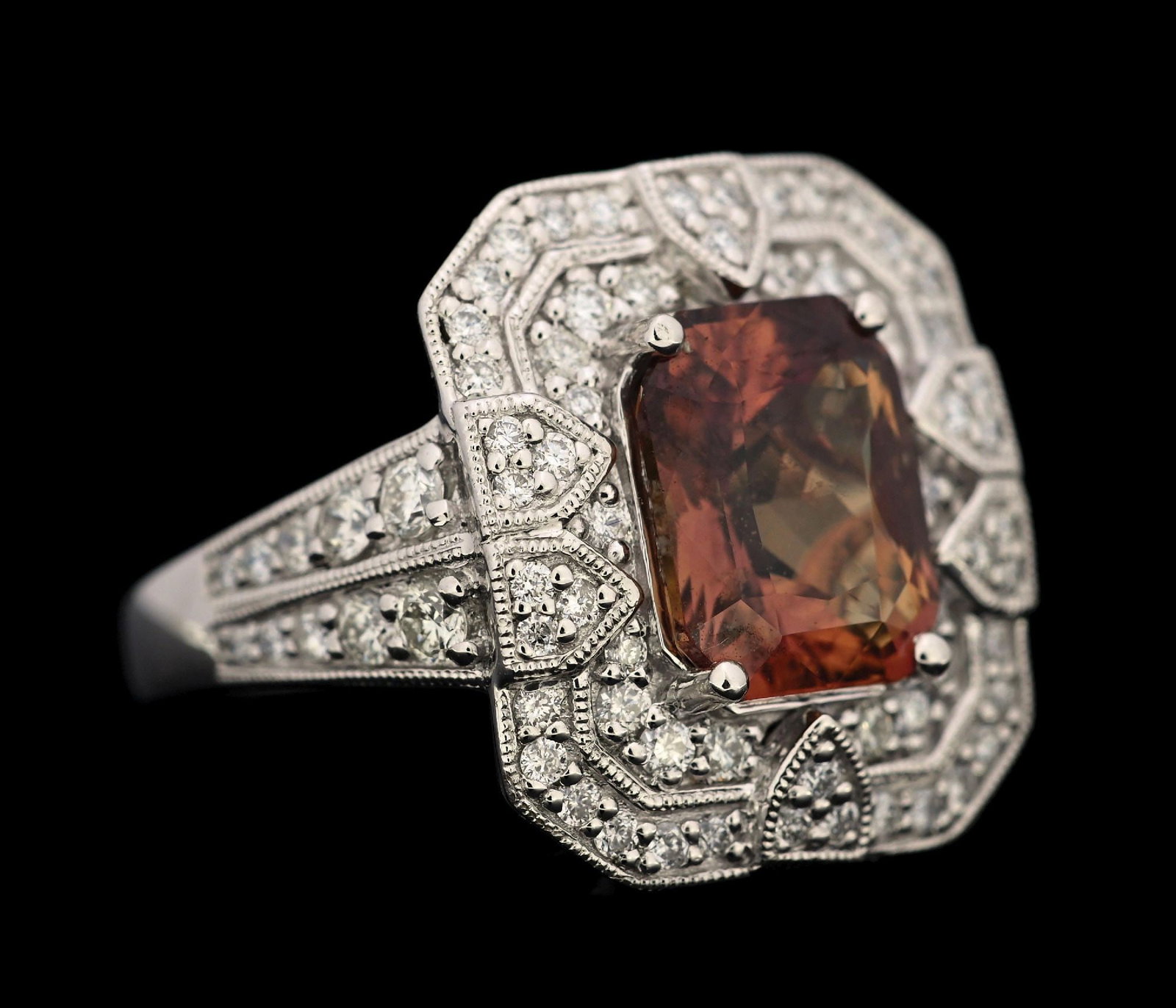 PLATINUM ORANGE SAPPHIRE & DIAMOND RING W/GIA REPORT: Platinum brown-orange sapphire (3.57ct) and diamond (0.83ctw) ring accompanied by an original GIA sapphire report and an AIGL appraisal report with an ERRV of $32,160.00. (See additional website