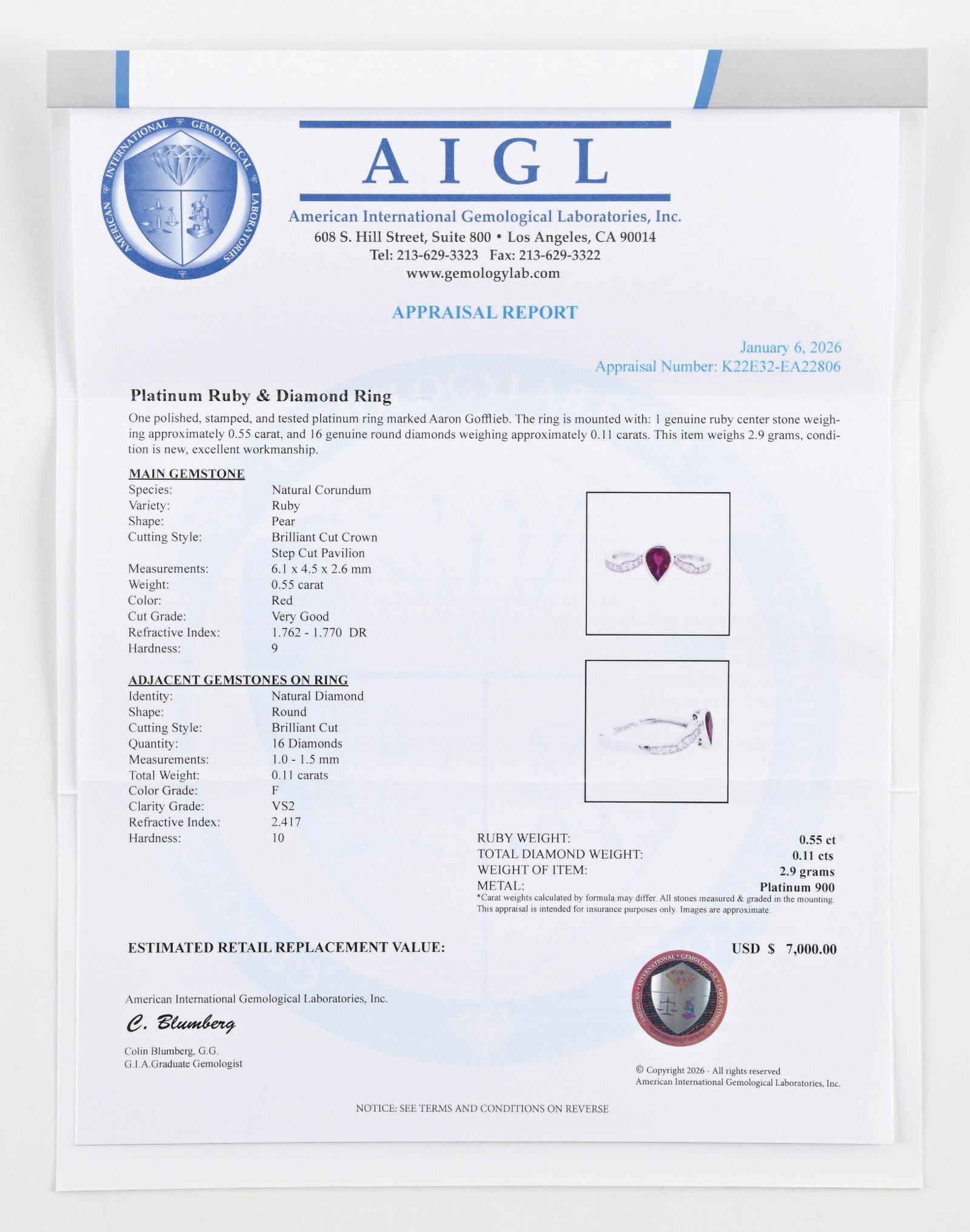 PLATINUM RUBY & DIAMOND RING W/REPORT - 7