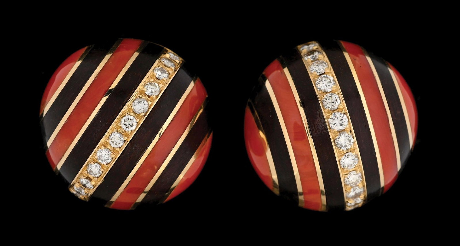 18K GOLD BVLGARI DIAMOND EARRINGS W/INLAID CORAL & EBONY: Rare and important vintage Bulgari domed/button diamond earrings with alternating inlays of red coral and ebony in 18k yellow gold. There are a total of 24 round brilliant cut near-colorless natural d