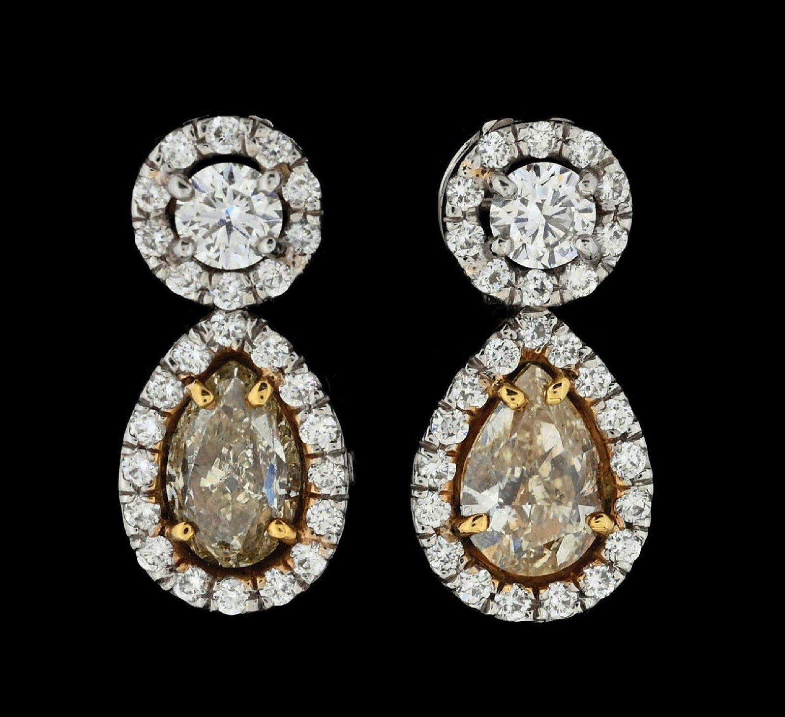 18K WHITE GOLD 2.75CT TW FANCY YELLOW DIAMOND EARRINGS W/REPORT: 18k white and yellow gold fancy light yellow diamond (2 pears @ 2.02ctw) and diamond (56 rounds @ 0.73ctw) earrings accompanied by two original EGL USA colored diamond report, Gem ID card and UGS appr