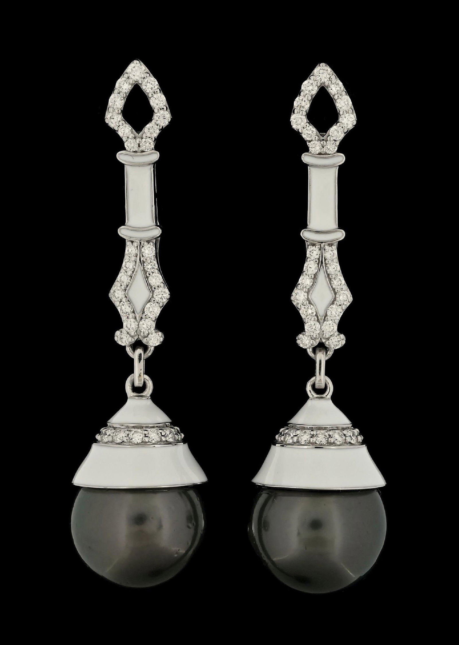 14K WHITE GOLD TAHITIAN PEARL & DIAMOND EARRINGS W/REPORT: 14k white gold Tahitian pearl and diamond (1.05ctw) enameled earrings accompanied by an original GGA appraisal report with an ERRV of $16,490.00 (See additional website images of report for specificat