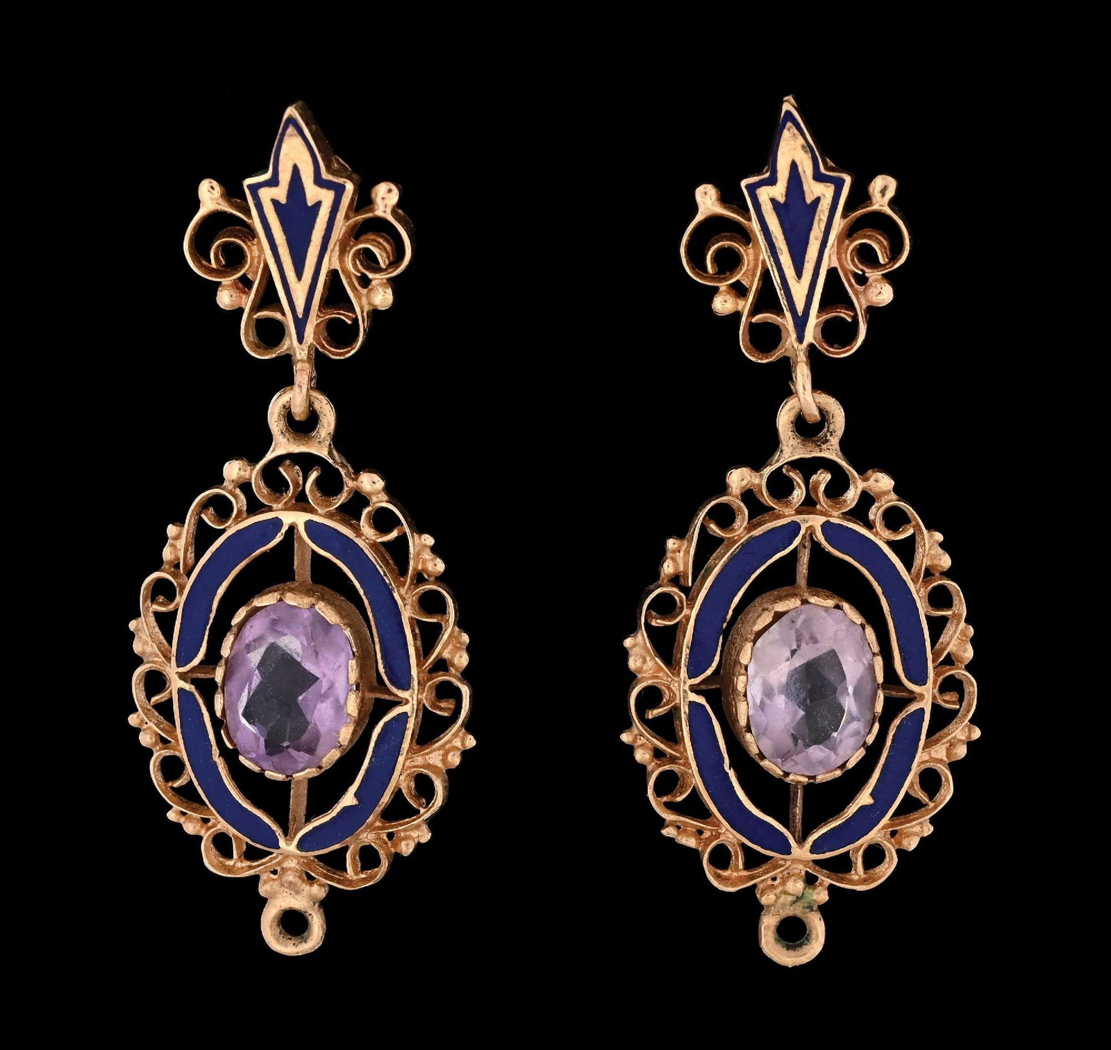14K YELLOW GOLD ANTIQUE ENAMELED DROP EARRINGS W/AMETHYST: 14k yellow gold antique enameled filagree drop earrings with oval amethysts. Non-pierced screw backs. Length measures 1-1/2". Width measures 17mm. Gross weight is 6.2 grams. Marked "14K". Condition: (