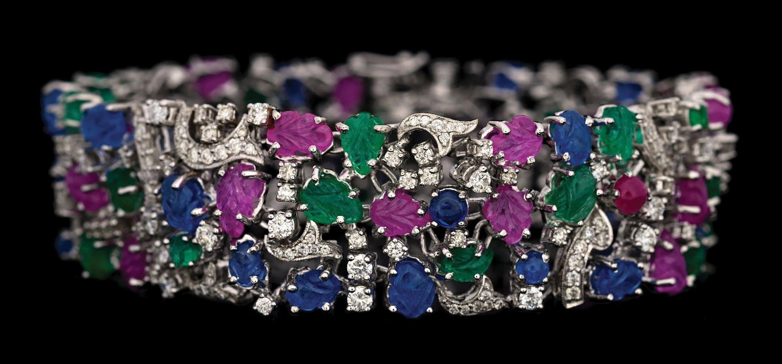 18K WHITE GOLD TUTTI FRUITTI GEMSTONE & DIAMOND BRACELET (1 of 6)