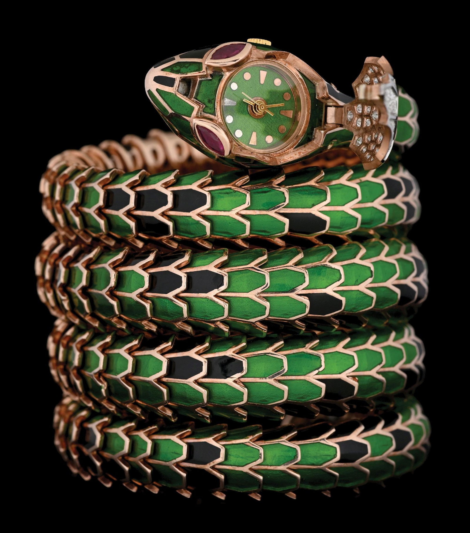 ALEXIS NY 18K WHITE GOLD & ENAMELED SILVER SNAKE WATCH BRACELET: Flexible designer 5-row snake watch bracelet by Alexis NY in solid 18k white gold (diamond settings) with rose gold gilding (trim) and green/black enameling over solid sterling silver, set with natura