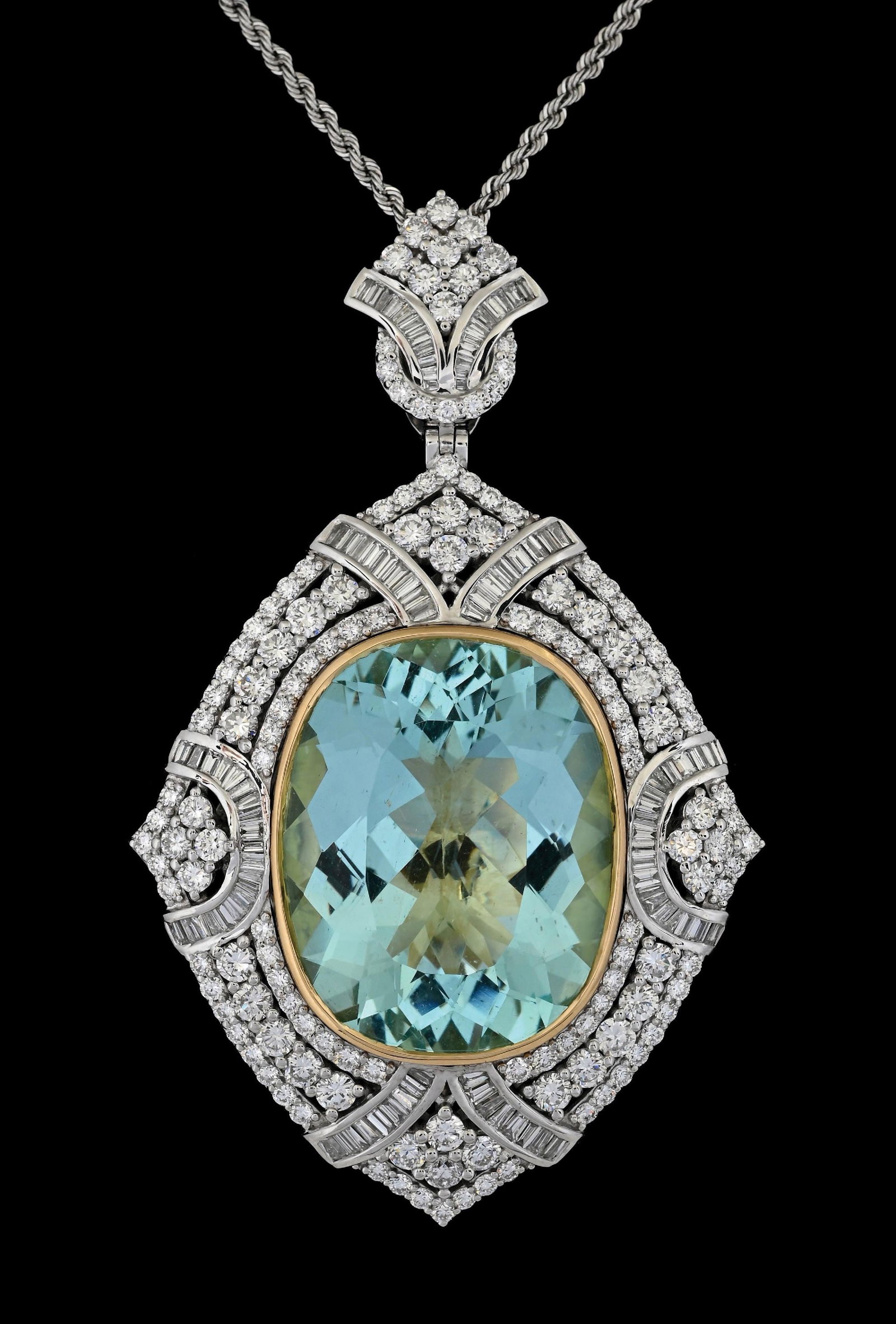PLATINUM AQUAMARINE & DIAMOND NECKLACE W/GIA REPORT: Platinum and 18k yellow gold aquamarine (38.57ct) and diamond (5.33ctw) pendant and 1.5mm rope chain accompanied by an original GIA identification report. (See additional website images for report spe