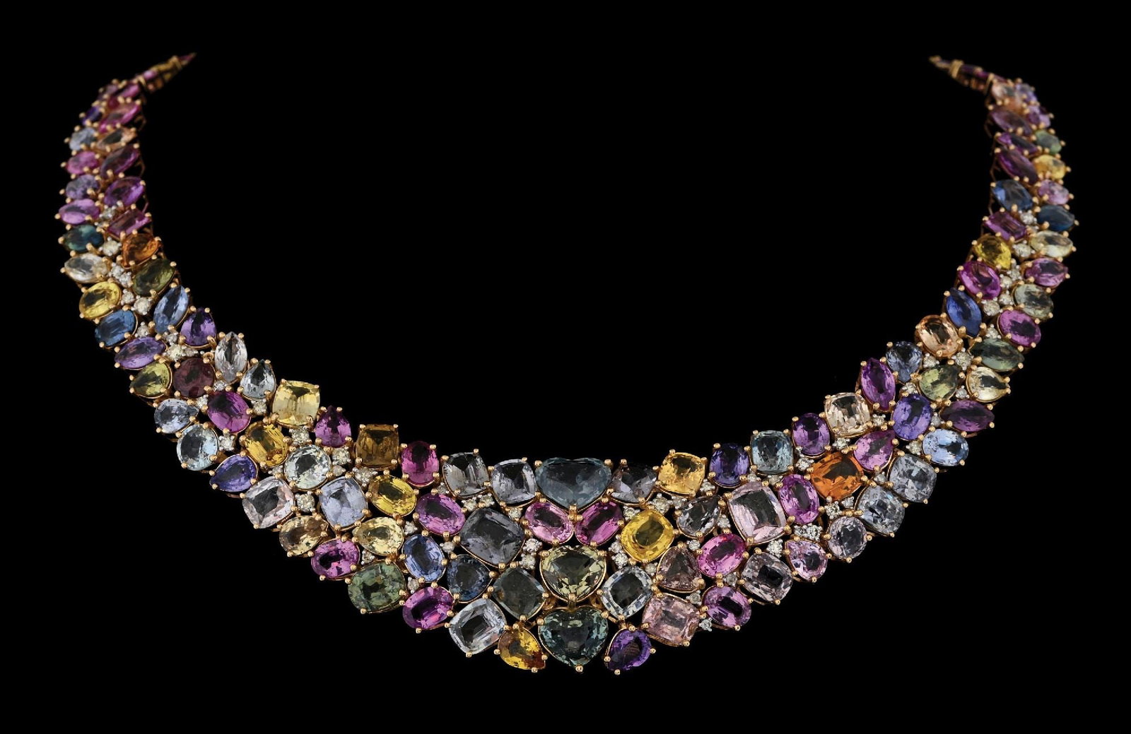 14K GOLD MULTI-COLOR SAPPHIRE & DIAMOND NECKLACE W/GIA REPORT: 14k yellow gold multi-color sapphire (135.42ctw) and diamond (2.02ctw) statement necklace accompanied by an original GIA sapphire report and an AIGL appraisal report with an ERRV of $396,900.00. (See 