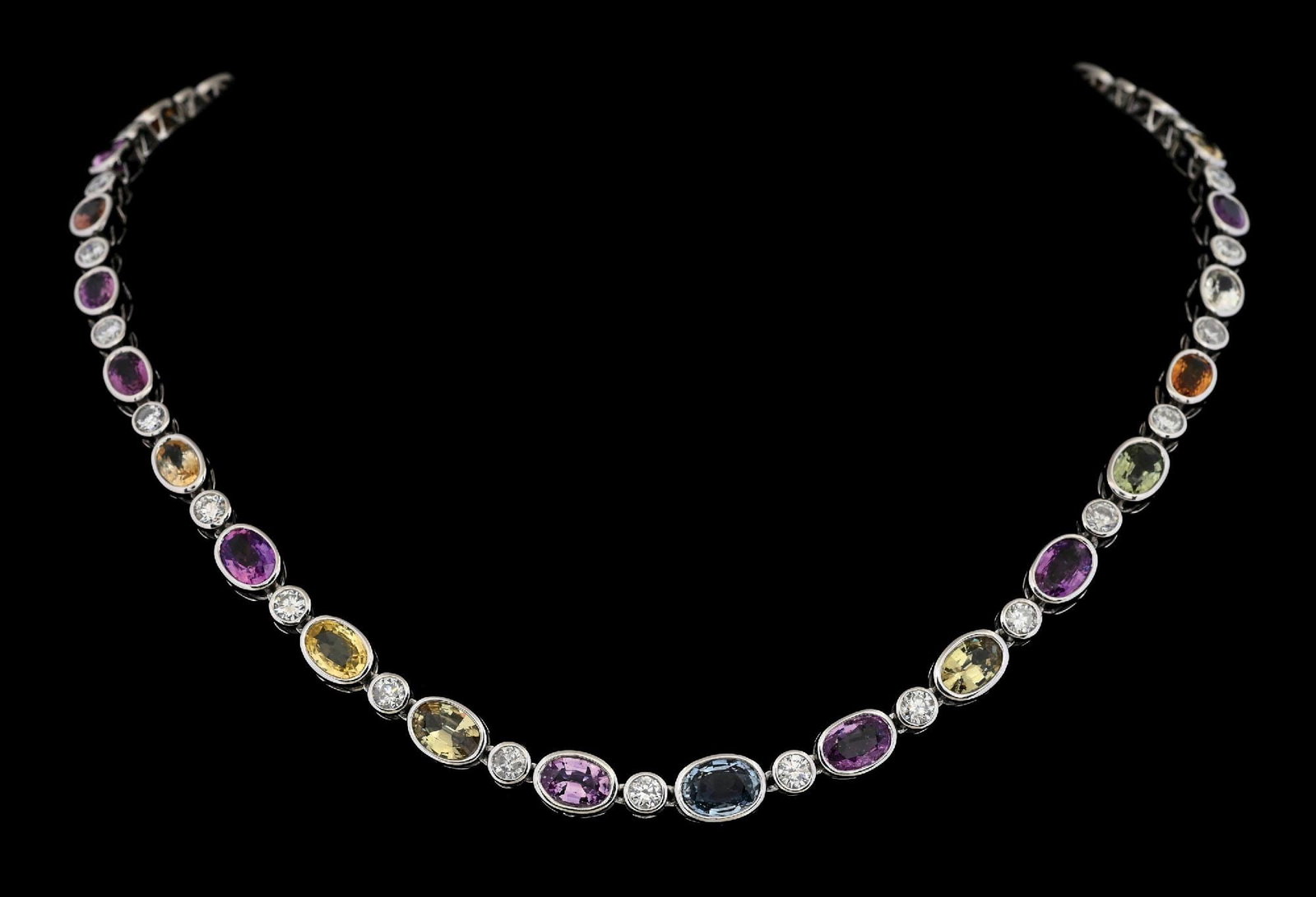 PLATINUM MULTI-COLOR SAPPHIRE & DIAMOND NECKLACE W/GIA REPORT: Platinum multi-color sapphire and diamond necklace consisting of 30 oval cut sapphires with a total weight of 36.09cts and 31 round brilliant cut cut near-colorless natural diamonds with a total weigh