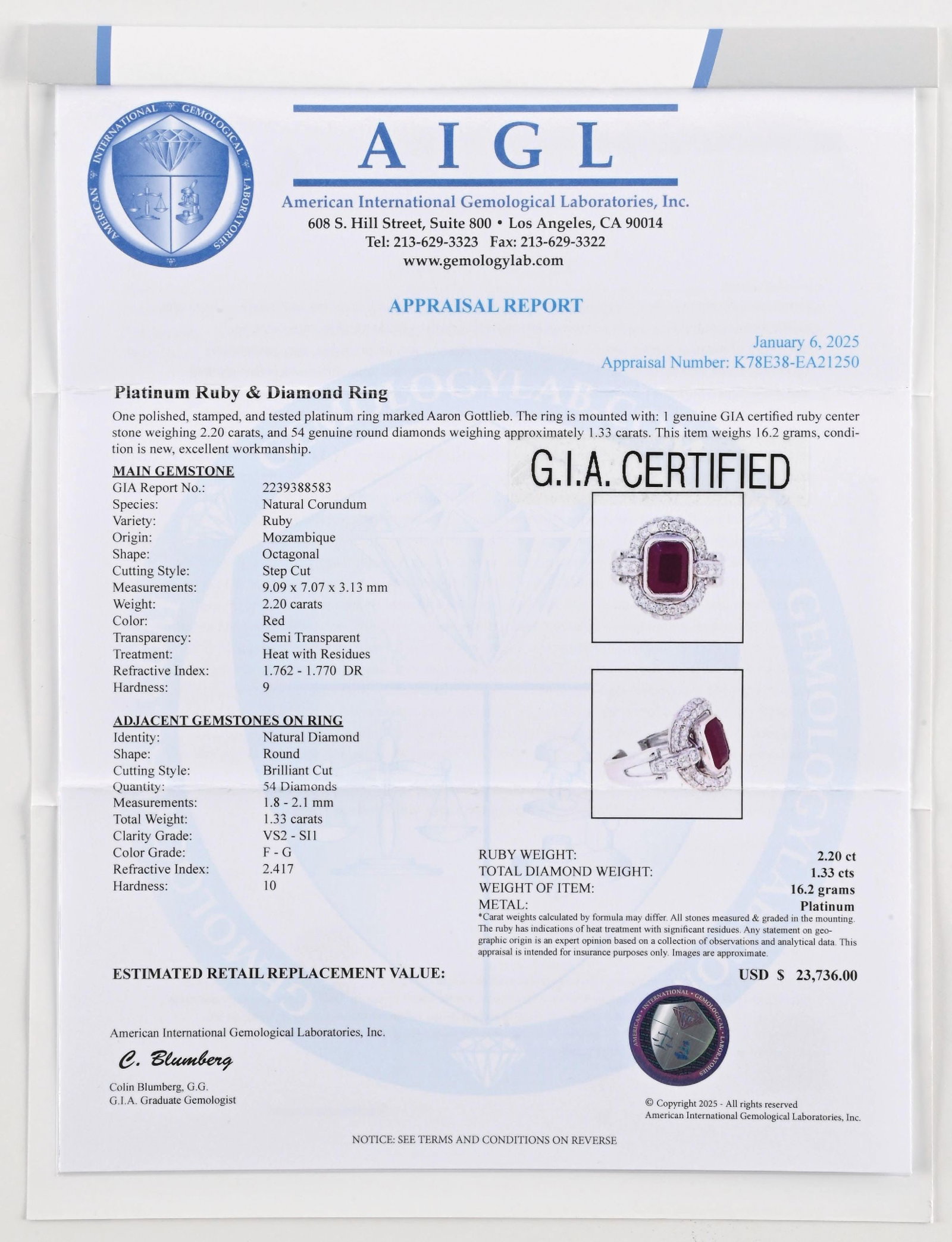 PLATINUM RUBY & DIAMOND RING W/GIA REPORT - 7