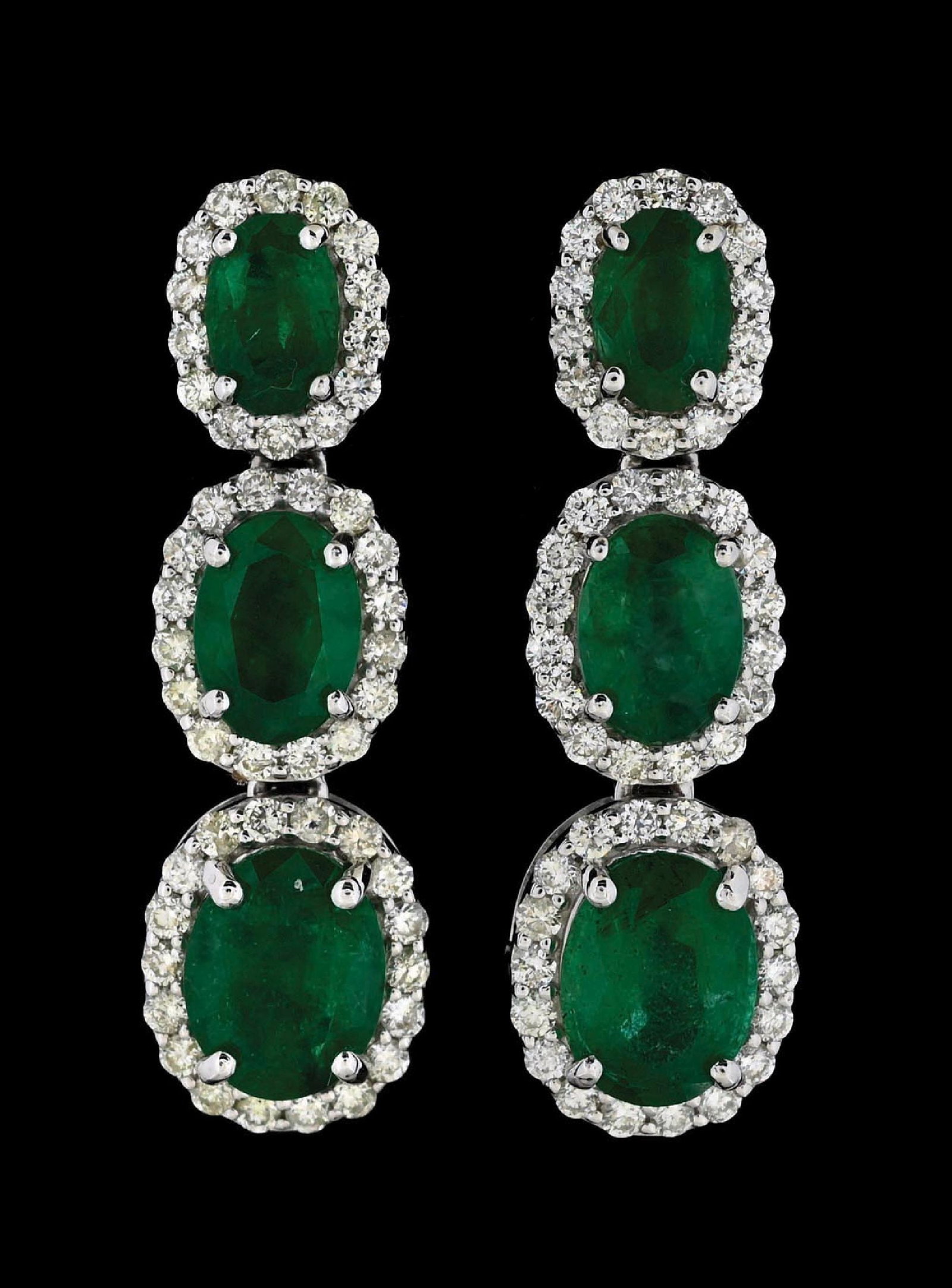 PLATINUM EMERALD & DIAMOND EARRINGS W/REPORT: Platinum emerald (4.60ctw) and diamond (1.06ctw) drop earrings accompanied by an original AIGL appraisal report with an ERRV of $17,180.00. (See additional website images for report specifications). L