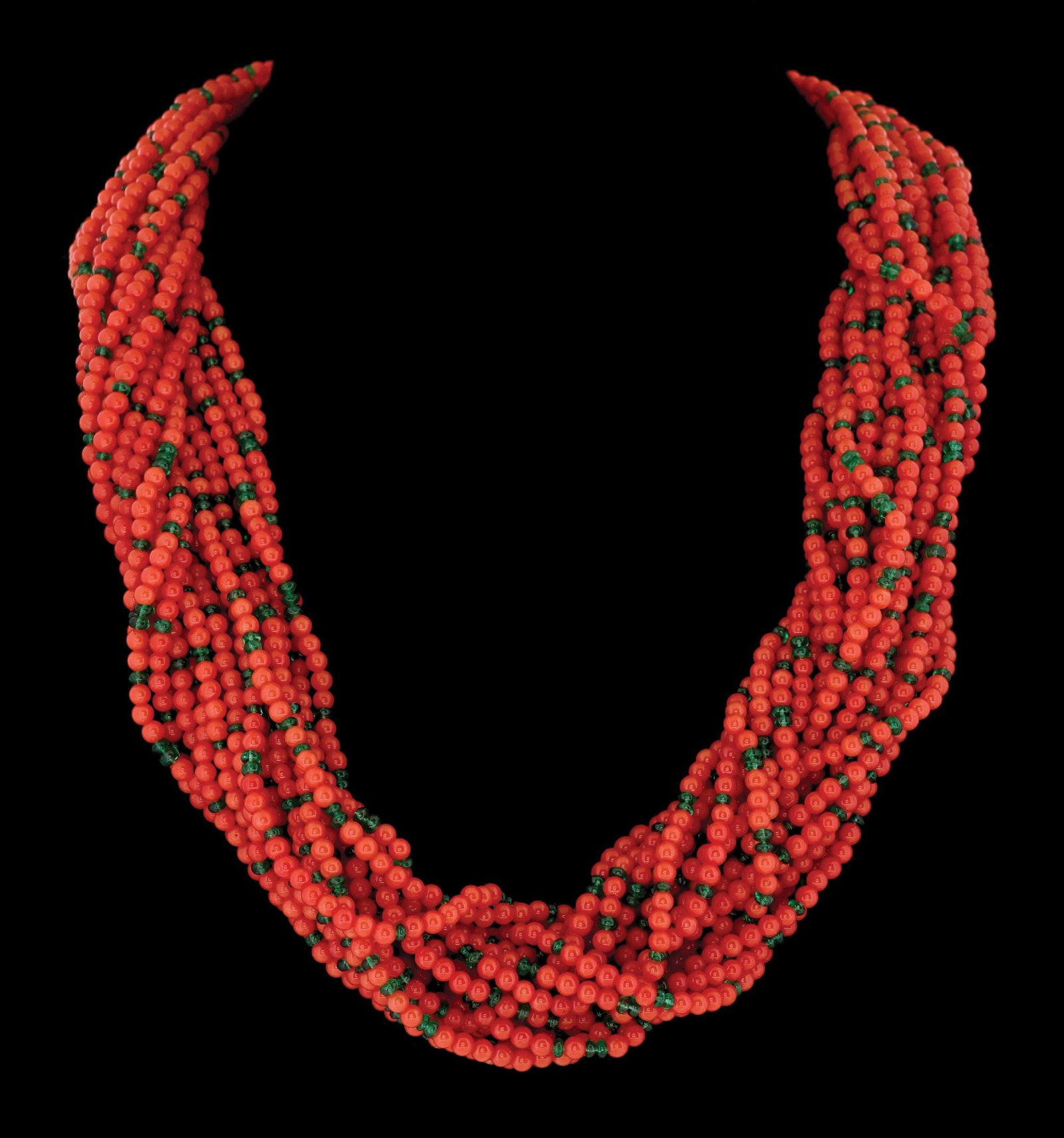 SCHLUMBERGER FOR TIFFANY 18K GOLD CORAL BEAD & DIAMOND NECKLACE W/EMERALDS: Jean Schlumberger for Tiffany & Co. vintage multi-strand beaded coral and emerald torsade necklace with 18k yellow gold tulip clasp with diamond accented button. Overall length measures 25". Clasp mea