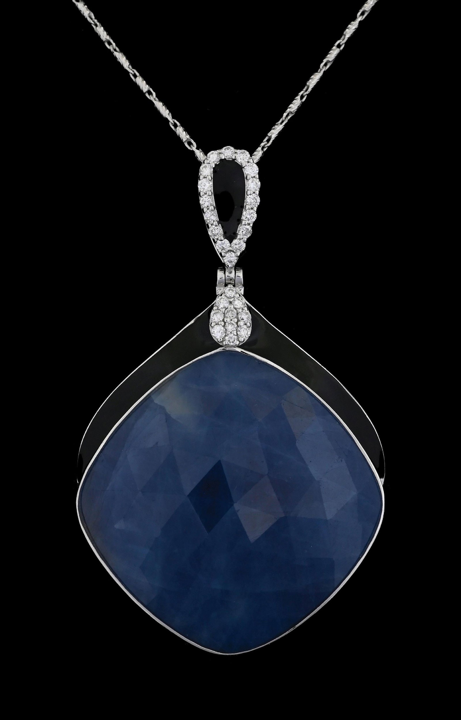 14K WHITE GOLD SAPPHIRE & DIAMOND NECKLACE W/REPORT: 14k white gold sapphire (32.02ctw) and diamond (0.25ctw) enameled pendant and chain accompanied by an original AIGL appraisal report with an ERRV of $12,750.00. (See additional website images for repo