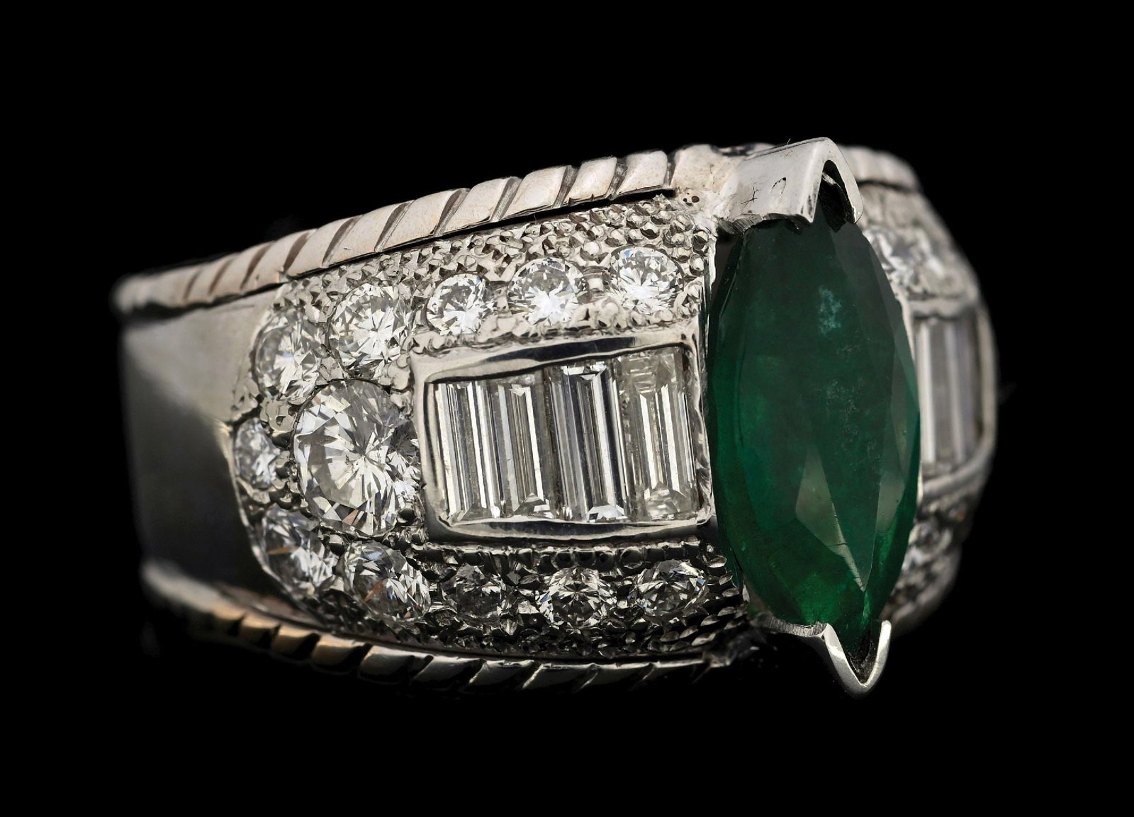 14K WHITE GOLD EMERALD & DIAMOND RING W/REPORT: 14k white gold emerald (3.24ct) and diamond (3.00ctw) ring accompanied by an original GGA appraisal report with an ERRV of $44,860.00. (See additional website images for report specifications). Ring