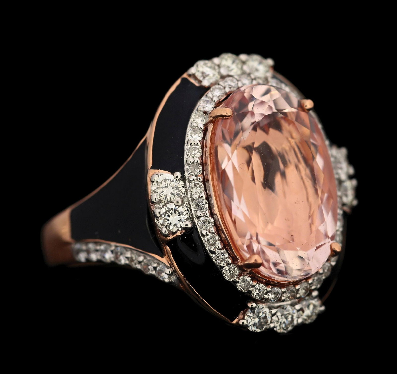 14K ROSE GOLD MORGANITE & DIAMOND RING W/REPORT.: 14k rose gold morganite (5.60ct) and diamond (0.66ctw) enameled ring accompanied by an original GGA appraisal report with an ERRV of $20,370.00. (See additional website images for report specification