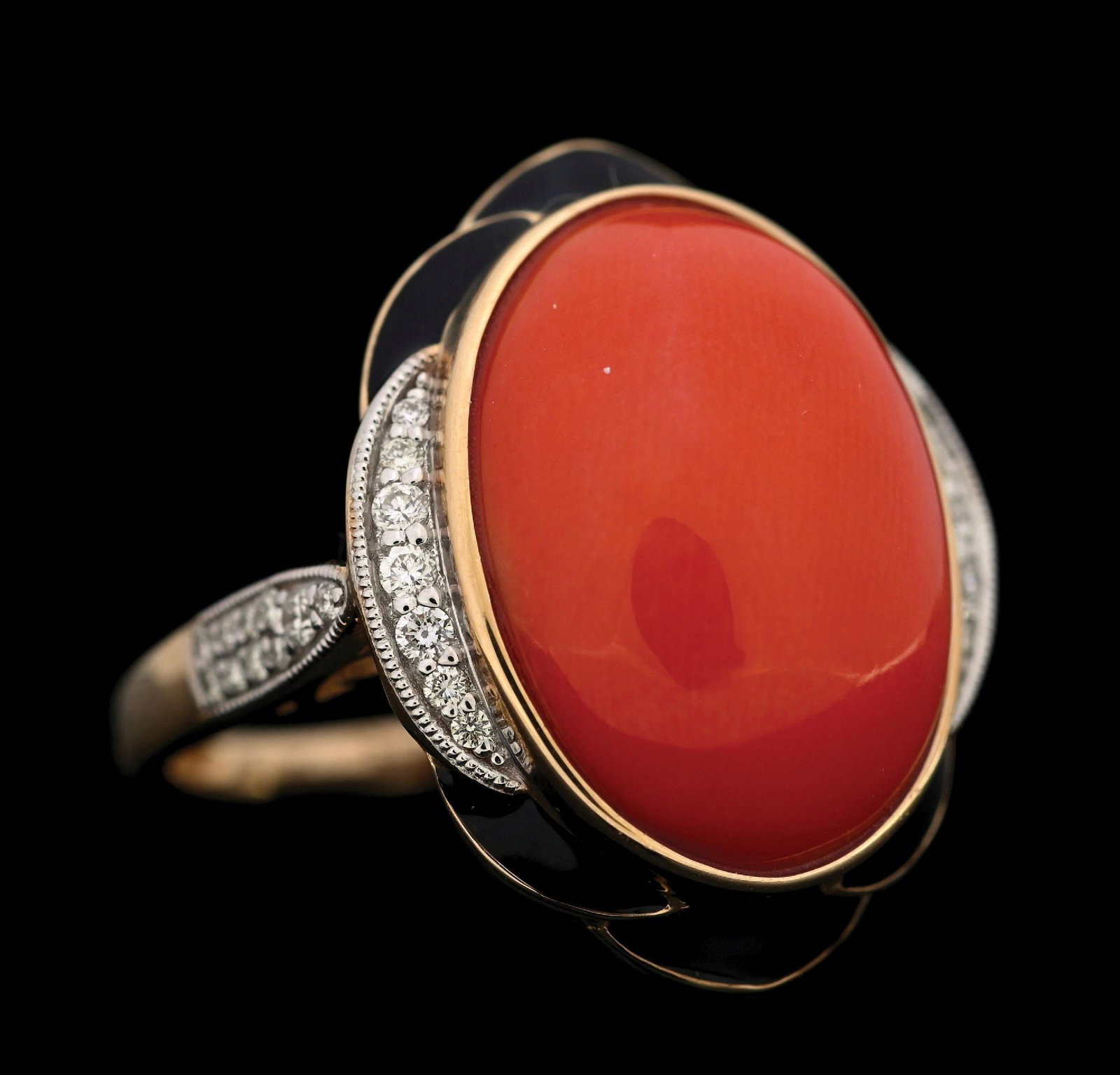 14K YELLOW GOLD CORAL & DIAMOND RING W/REPORT: 14k yellow gold coral (11.60ct) and diamond (0.20ctw) enameled ring accompanied by an original AIGL appraisal report with an ERRV of $12,584.00. (See additional website images for report