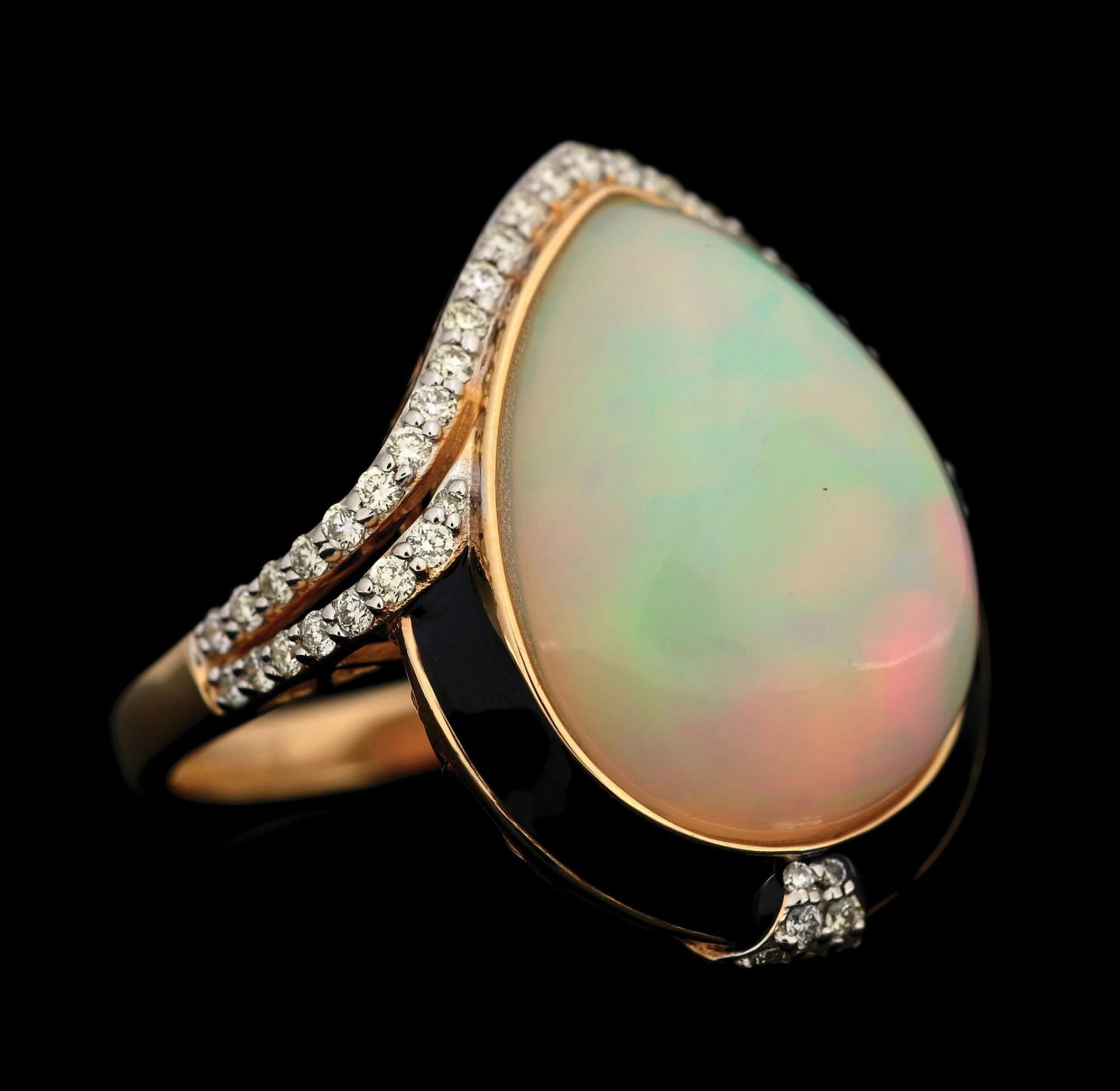 14K YELLOW GOLD OPAL & DIAMOND RING W/REPORT: 14k yellow gold opal (9.32ct) and diamond (0.34ctw) enameled ring accompanied by an original E.G. Labs appraisal report with an ERRV of $12,570.00. (See additional website images for report