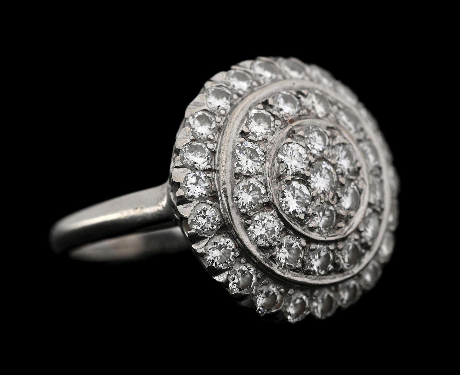 14K WHITE GOLD DIAMOND COCKTAIL RING, 1.50CT TW: 14k white gold diamond cocktail ring consisting of 42 round brilliant cut natural diamonds with a total weight of 1.50cts. Width at top measures 18.5mm. Finger size 6-1/4. Gross weight is 7.3 grams.