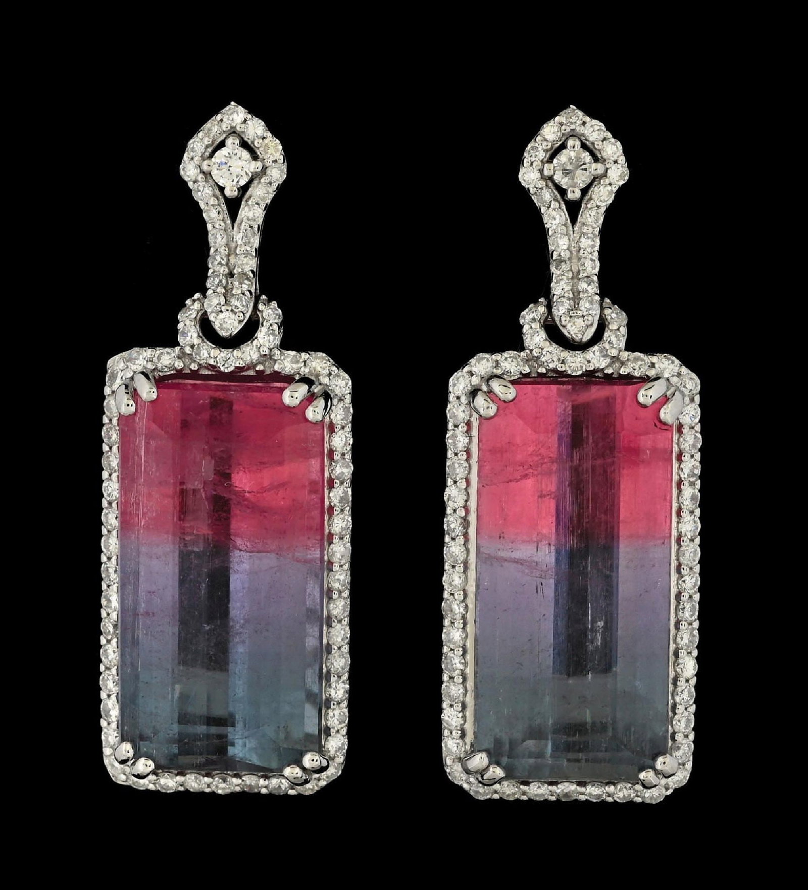 PLATINUM WATERMELON TOURMALINE & DIAMOND EARRINGS W/REPORT: Platinum watermelon tourmaline (18.56ctw) and diamond (1.02ctw) drop earrings accompanied by an original GGA appraisal report with an ERRV of $22,870.00. (See additional website images for report spec
