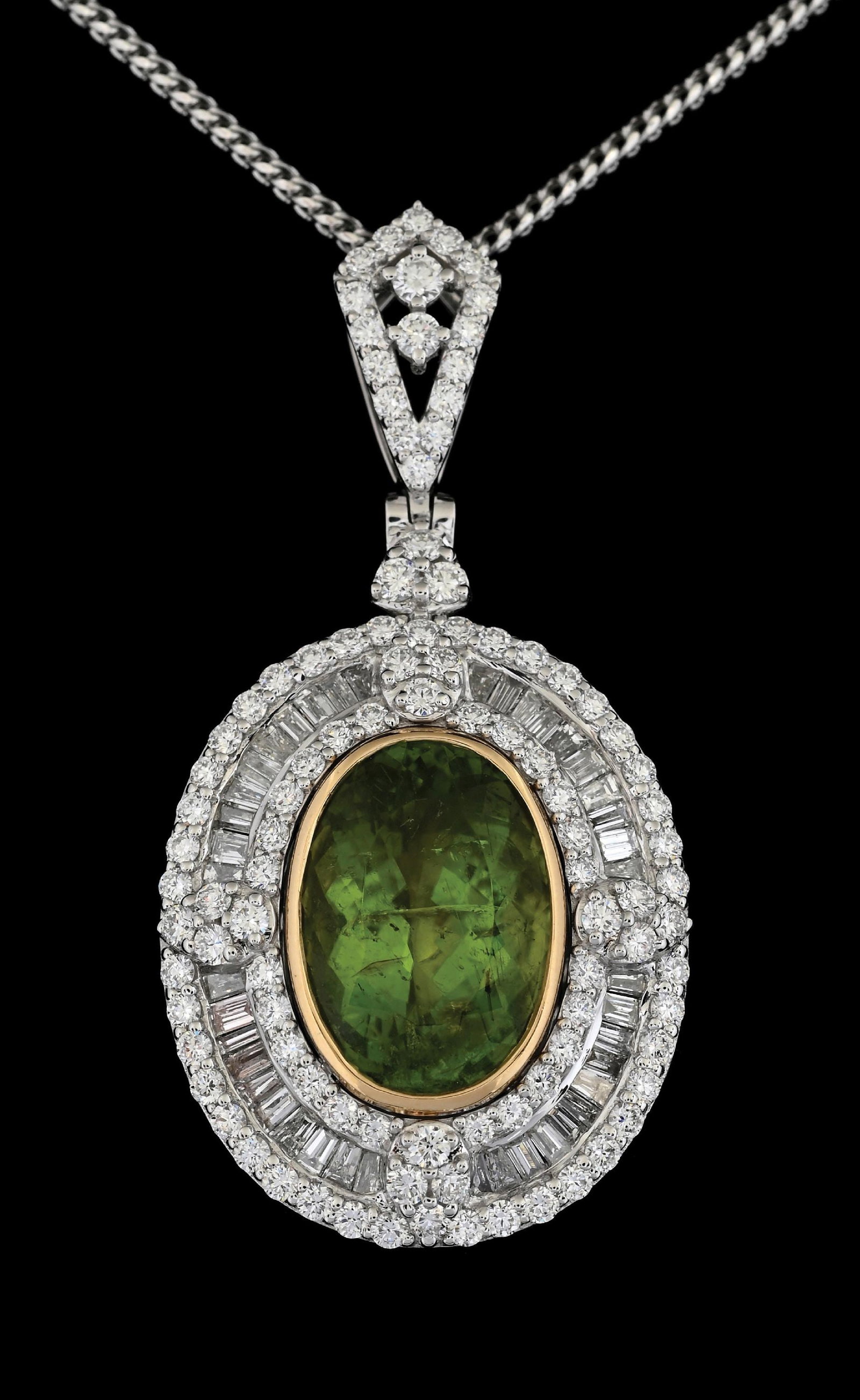 PLATINUM TOURMALINE & DIAMOND NECKLACE W/GIA REPORT: Platinum and 18k yellow gold Paraiba tourmaline (8.46ct) and diamond 2.66ctw) pendant and chain accompanied by an original GIA tourmaline report. (See additional website images for report specificatio