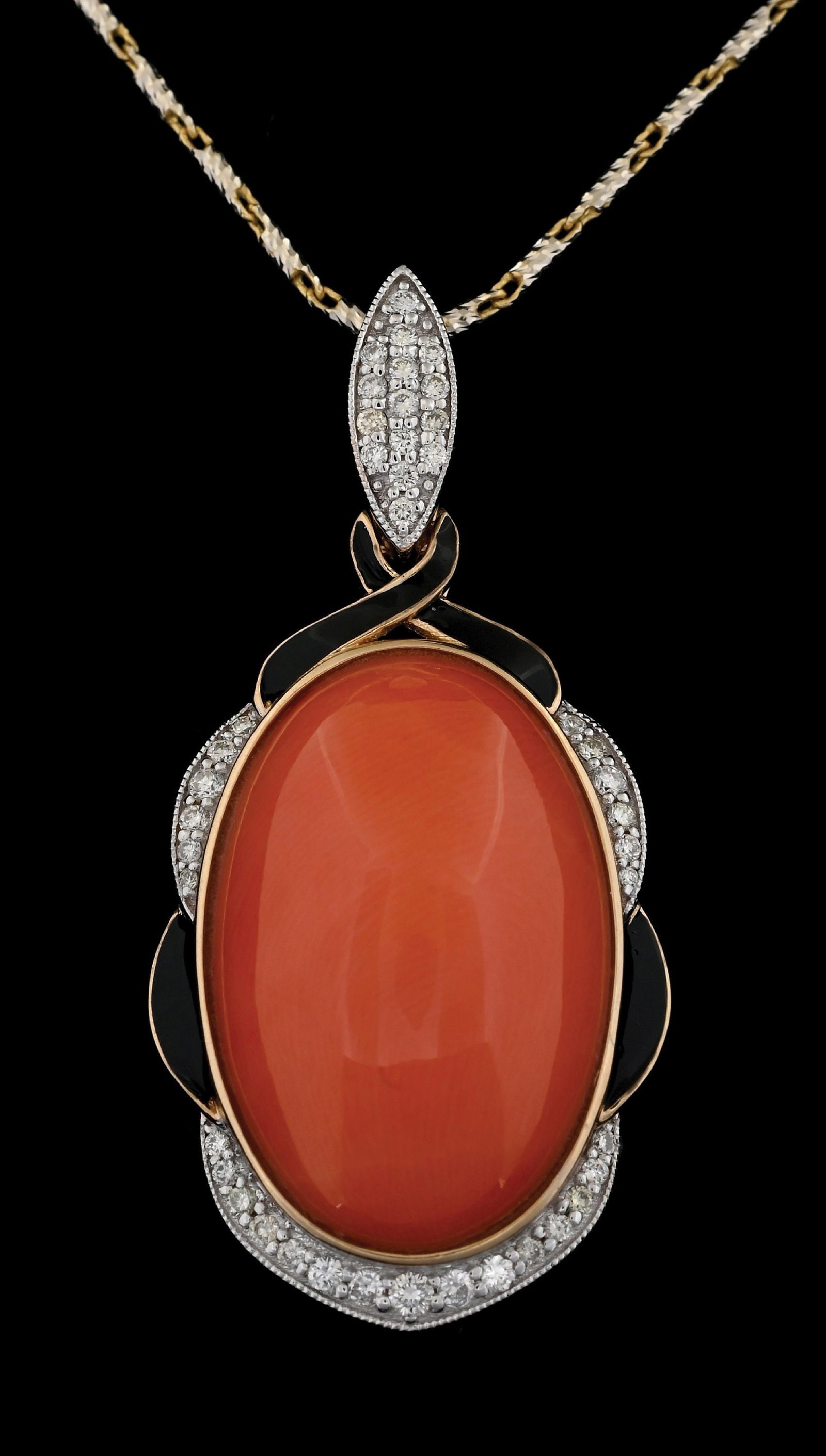 14K T/T GOLD CORAL & DIAMOND ENAMELED NECKLACE W/REPORT: 14k yellow and white gold coral (13.75ct) and diamond (0.25ctw) enameled pendant and chain accompanied by an original GGA appraisal report with an ERRV of $17,580.00. (See additional website images fo