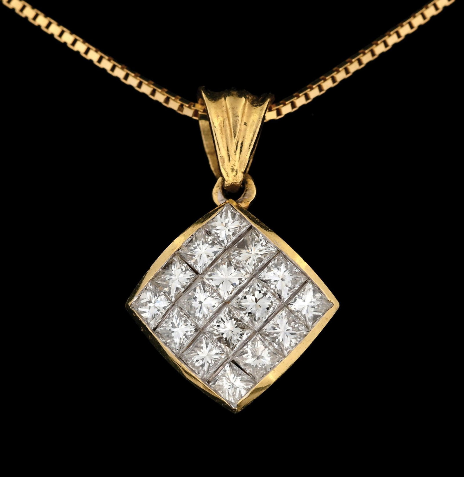 18K YELLOW GOLD 1.50CT TW DIAMOND PENDANT & CHAIN: 14k yellow gold diamond necklace consisting of 16 invisible-set princess cut natural diamonds with an estimated total weight of 1.50cts. accompanied by an original GGA appraisal report with an ERRV of