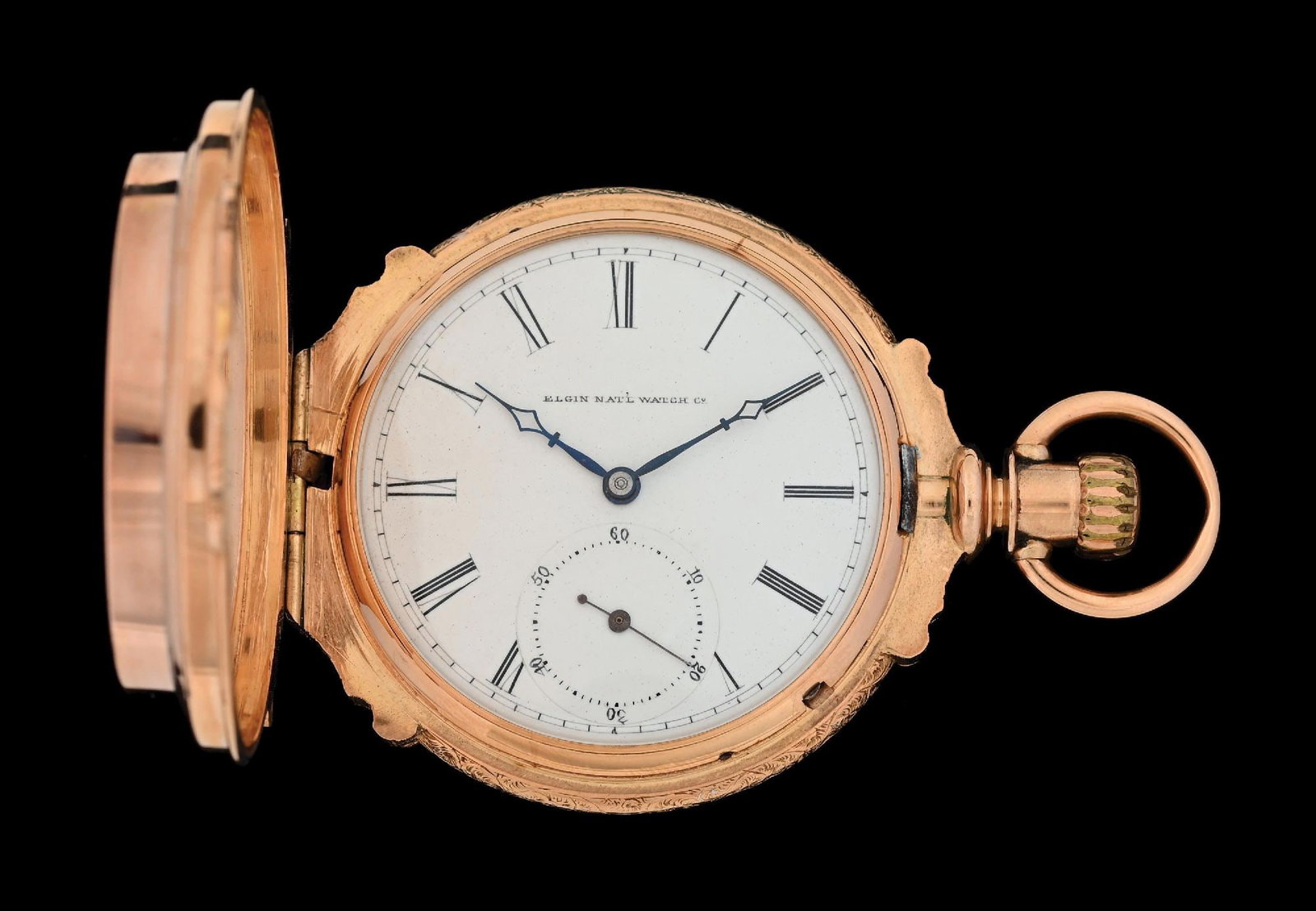 14K PINK GOLD ELGIN H/C BOX-HINGE POCKET WATCH W/GOLD-QUARTZ INLAY: 14k pink gold Elgin Grade 92 hunting cased box-hinge pocket watch with large circular natural gold-quartz inlay to front cover and fancy hand engraved monogram to rear. Case diameter measures 51mm. Mo