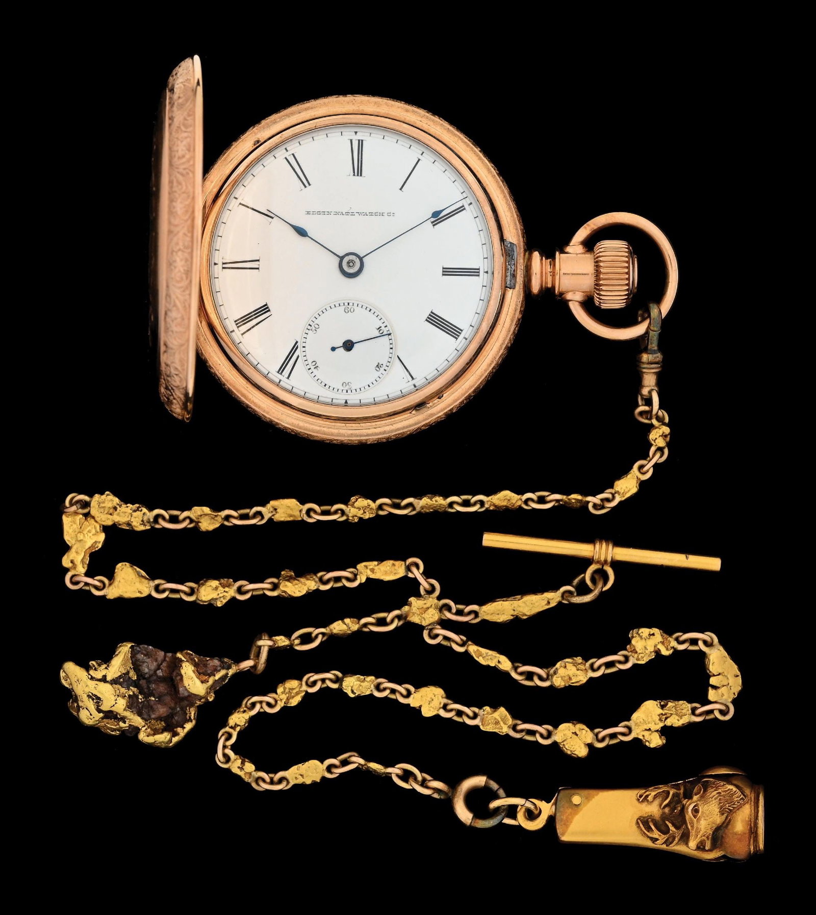 14K GOLD-FILLED ELGIN H/C POCKET WATCH W/NUGGET FOB & CHAIN: 14k yellow gold-filled Elgin Grade 88 hunting cased pocket watch decorated with hand engraved building/landscape to rear cover, paired with a natural gold nugget fob chain with 14k yellow gold finding