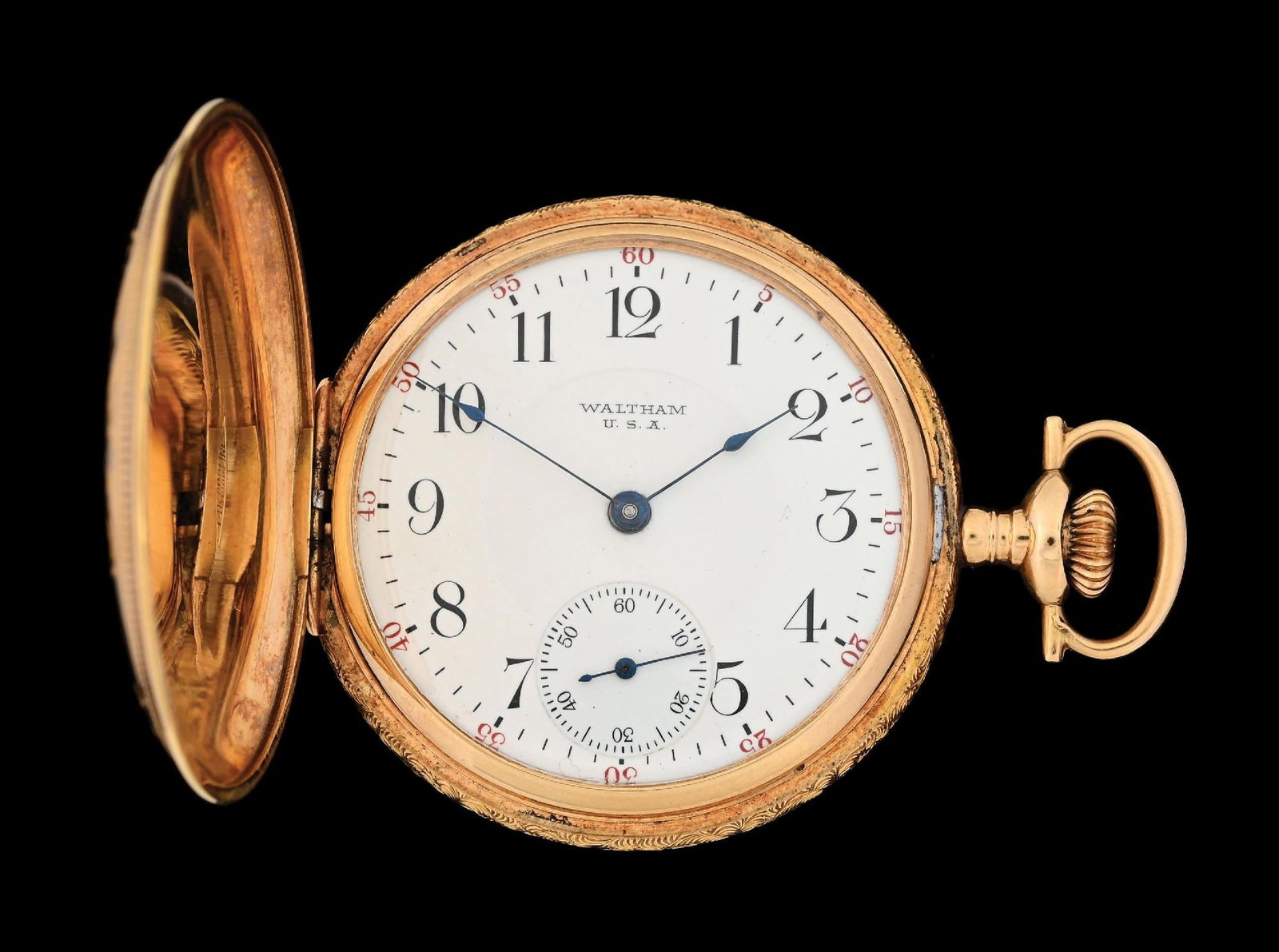 14K MULTI-COLOR GOLD WALTHAM H/C POCKET WATCH: 14k multi-color gold Waltham hunting cased pocket watch decorated with birds and flowers. Case diameter measures 49mm. Movement serial number: 22677873. Circa 1919. 17j. 16s. Case marked "ROY, 14K 585