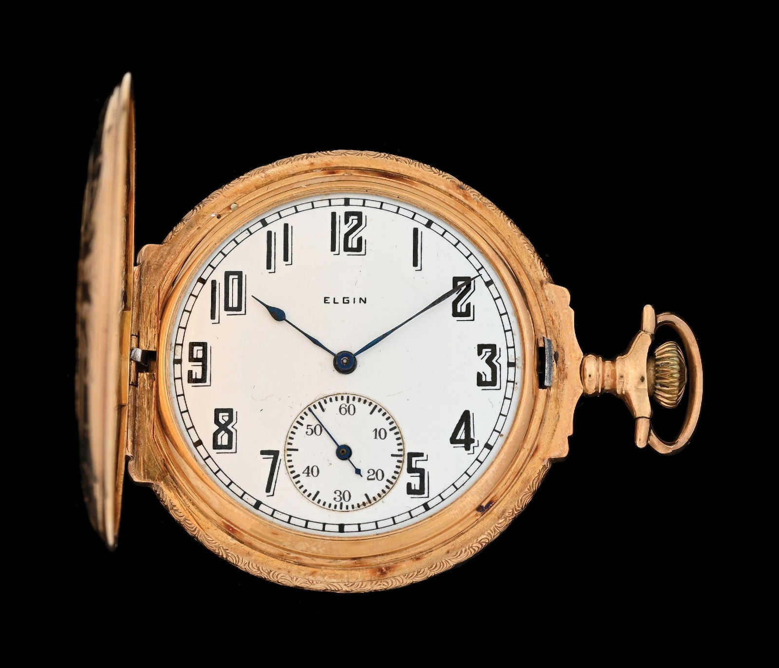 14K MULTI-COLOR GOLD ELGIN H/C BOX HINGE POCKET WATCH: 14k multi-color gold Elgin 344 hunting cased box-hinge pocket watch decorated with birds and flowers. Case diameter measures 48mm. Movement serial number: 24436306. Circa 1922. 17j. 12s. Roy case mark