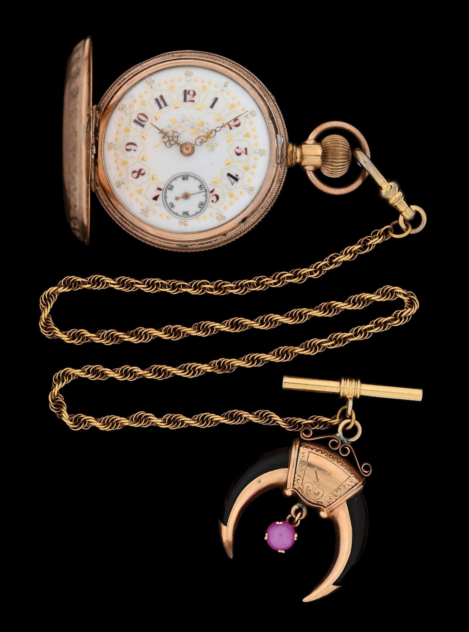 R. LANNIER SWISS H/C POCKET WATCH W/GOLD CLAW & STAR RUBY FOB: 14k yellow gold-filled Swiss engine-turned hunting cased pocket watch with fancy enameled dial, paired with a gold plated rope chain and 10k yellow gold (unmarked, untested) fob set with two claws and