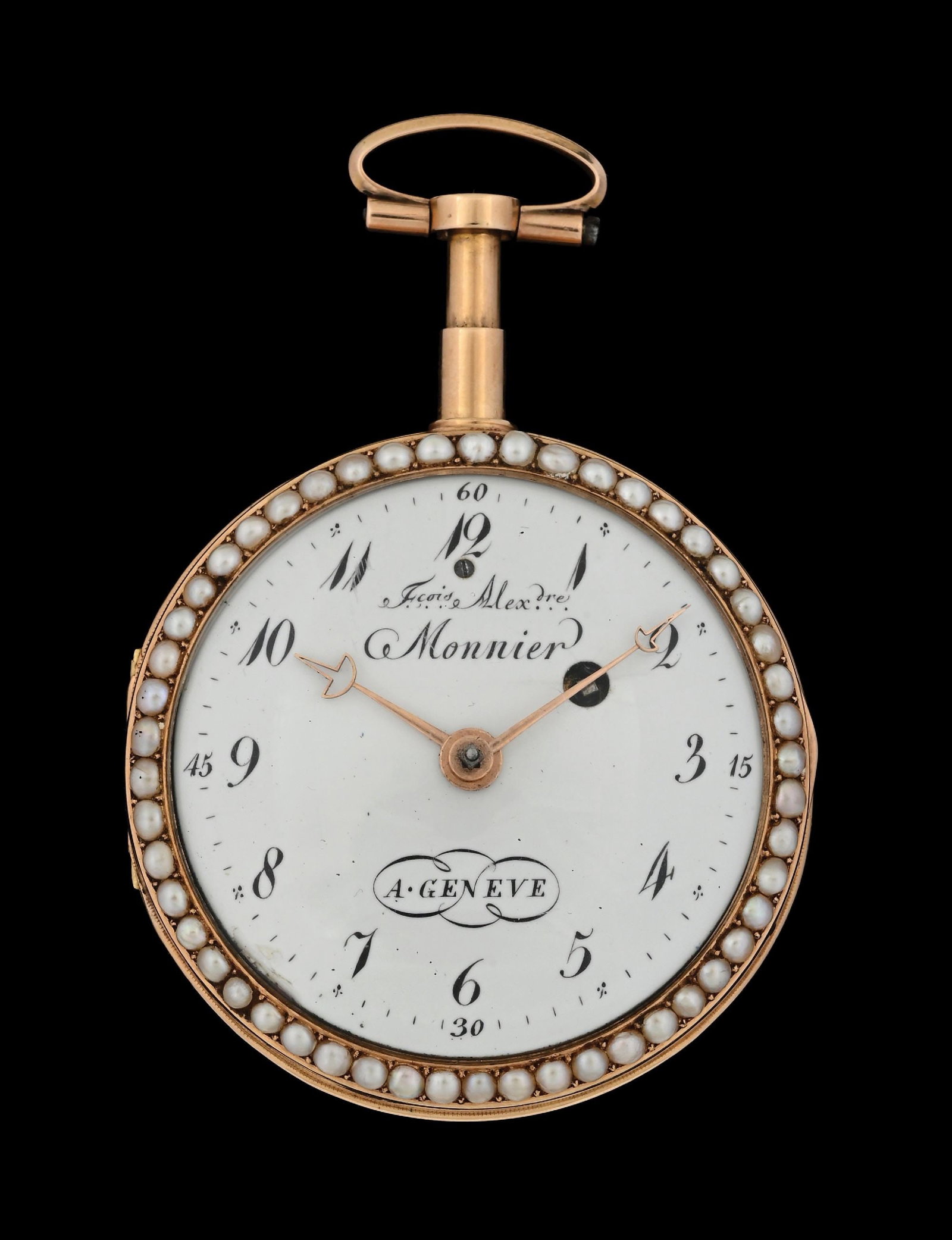 14K PINK GOLD MONNIER QUARTER REPEATER O/F SWISS POCKET WATCH: 14k pink gold Francois Alexandre Monnier open face quarter-hour repeating pocket watch with seed pearl bezel and hand-painted enameled cover. Case diameter measures 47mm. Case unmarked, tested to be a