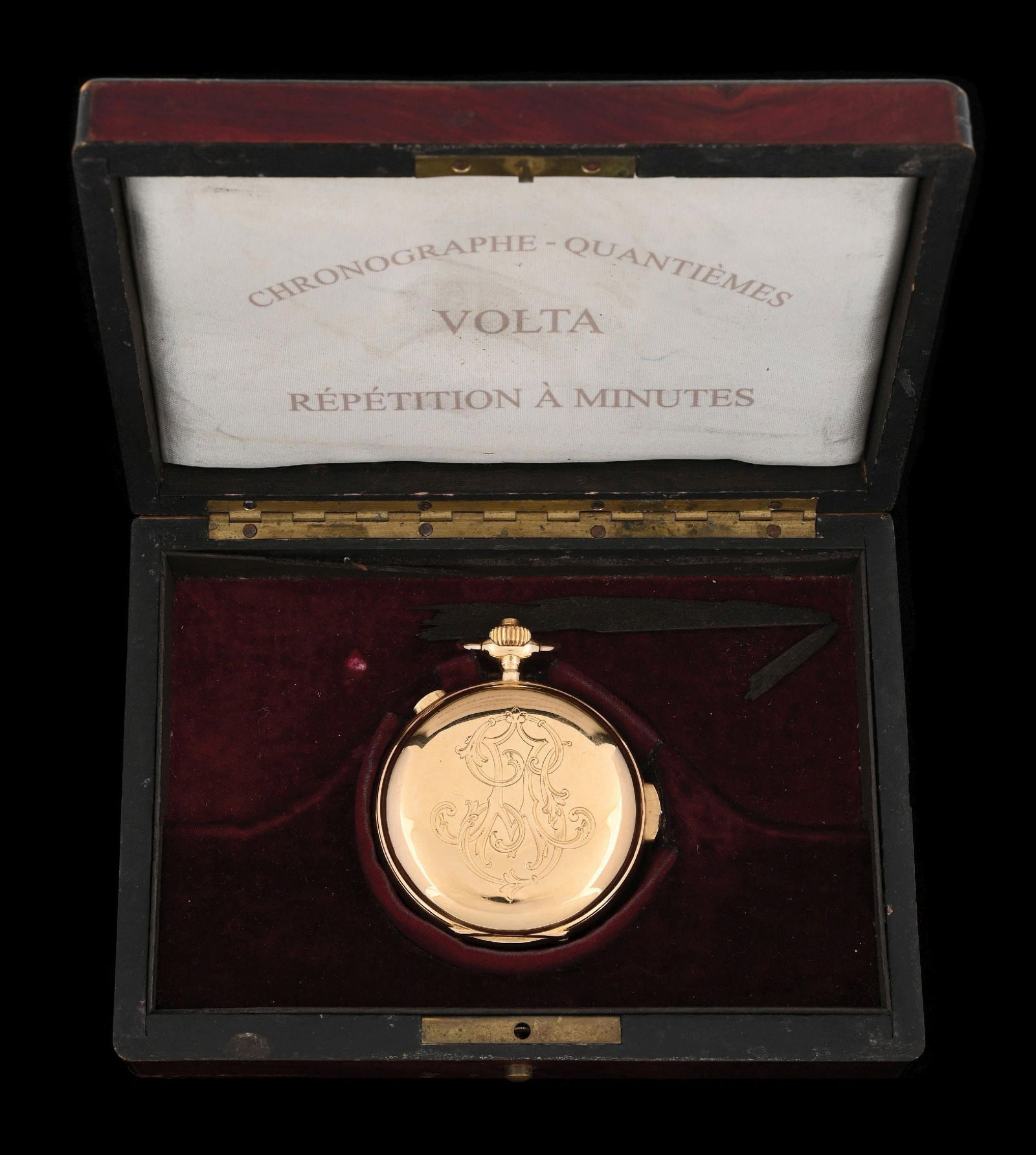 18K GOLD VOLTA MINUTE REPEATER CHRONOGRAPH H/C POCKET WATCH W/CASE (1 of 10)